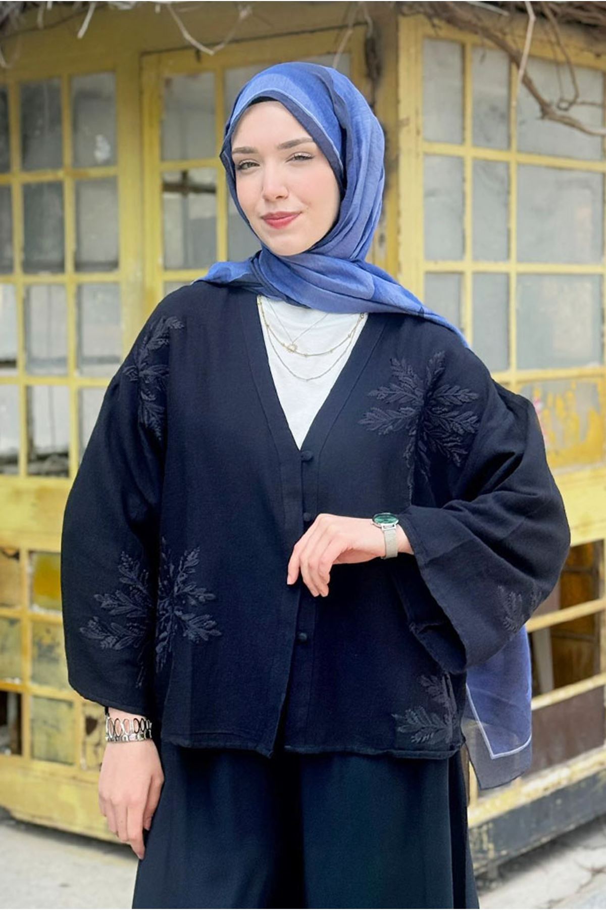 26Y7234 - LACİVERT - NAKIŞLI V YAKA CEKET