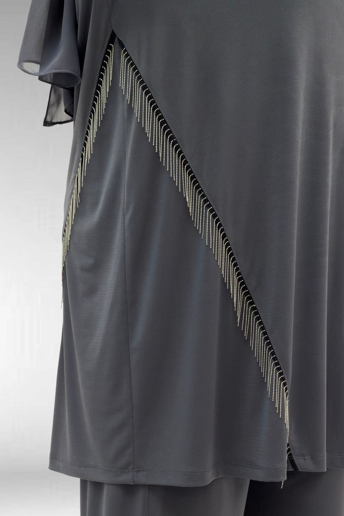 67043 Büyük Beden Püskül Detaylı Sandy Pantolonlu Takım - Antrasit