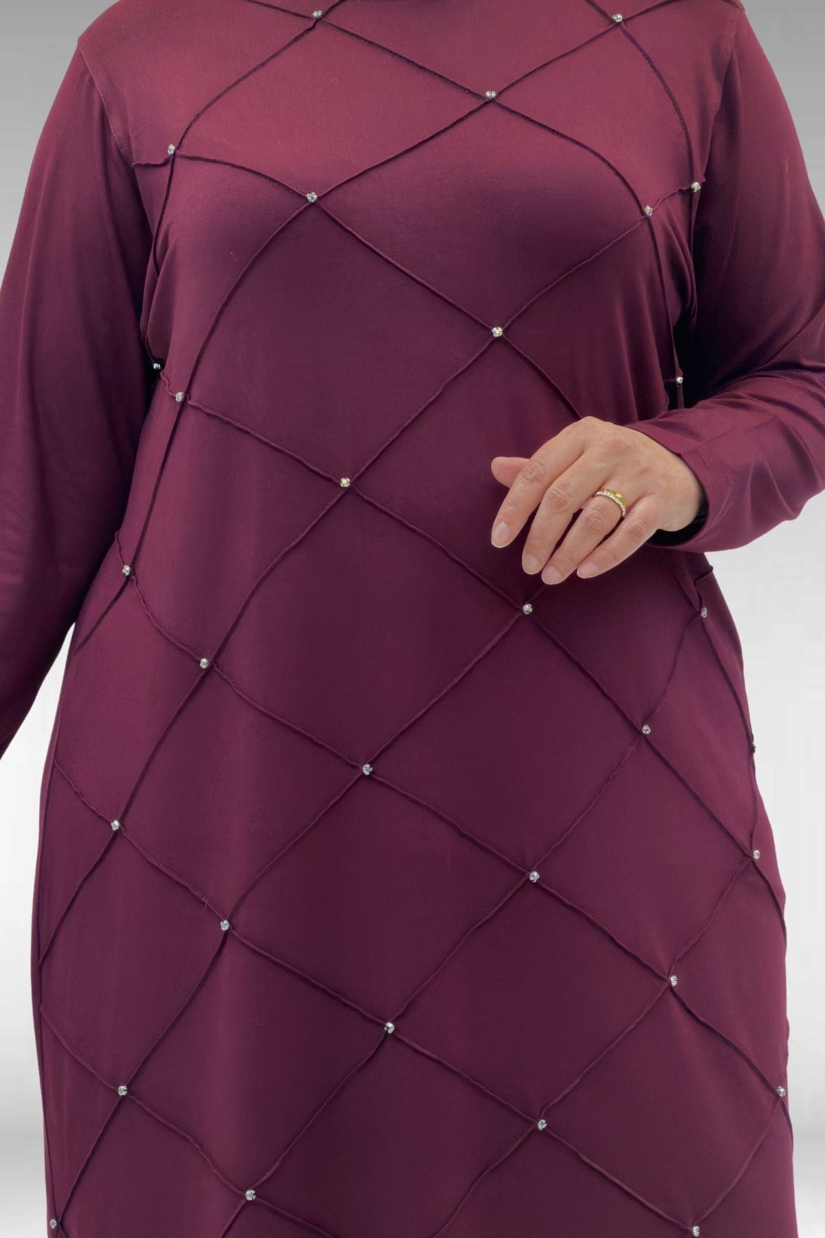 68004 Büyük Beden Çıma Detaylı Penye Tunik - Bordo