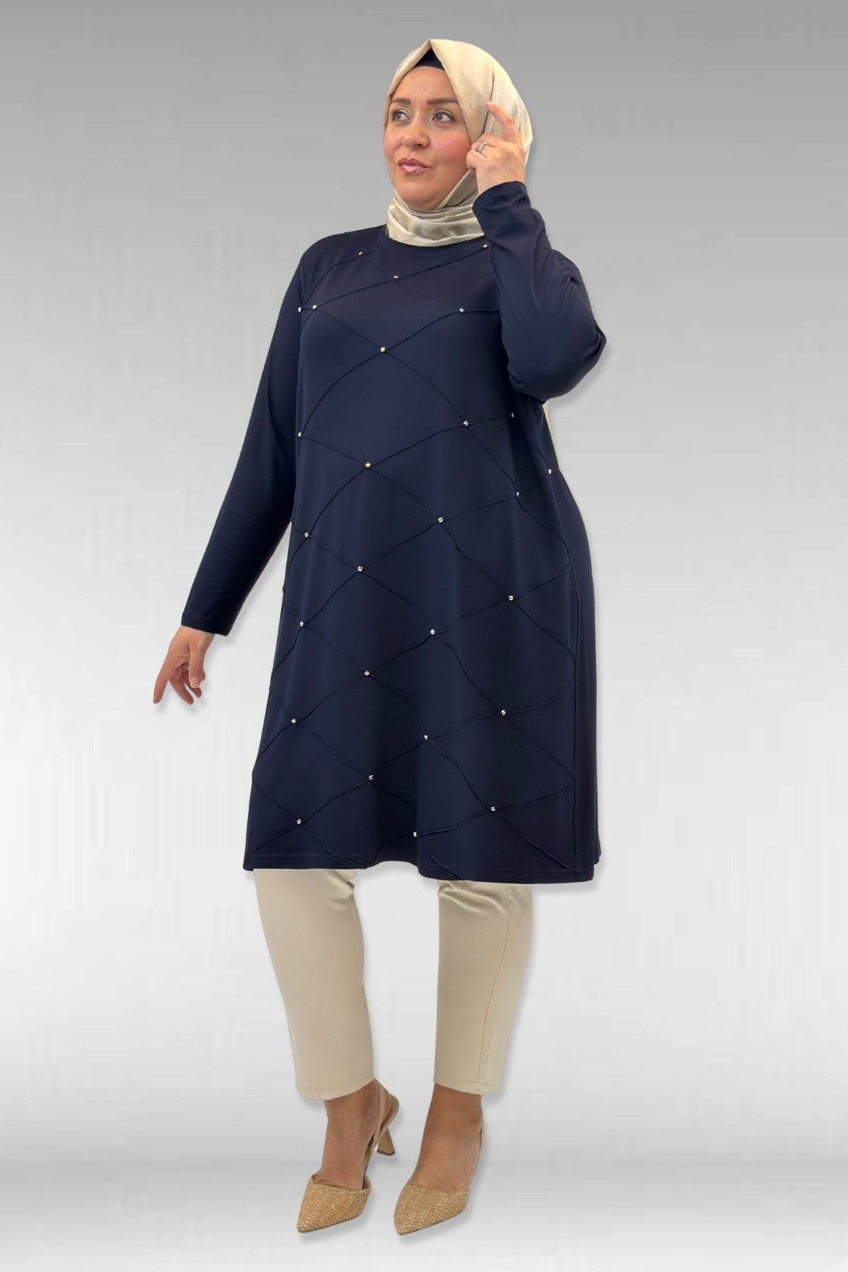 68004 Büyük Beden Çıma Detaylı Penye Tunik - Lacivert