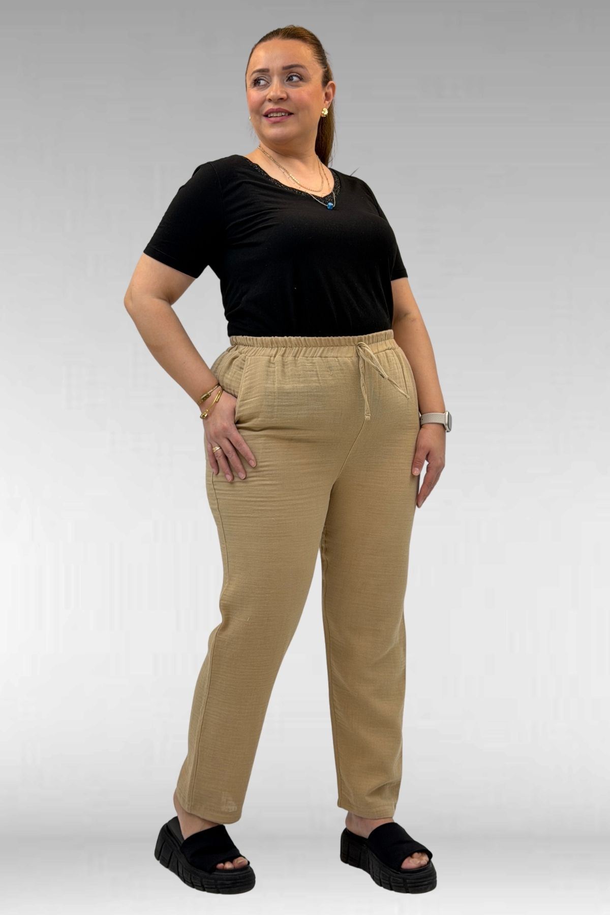 59020 Büyük Beden Beli Lastikli Müslin Dar Paça Pantolon - Vizon