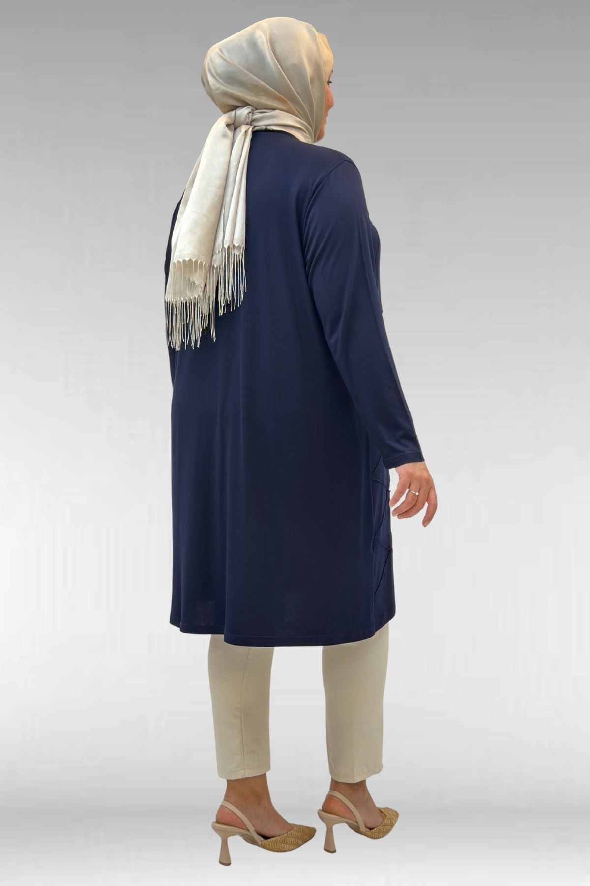 68004 Büyük Beden Çıma Detaylı Penye Tunik - Lacivert