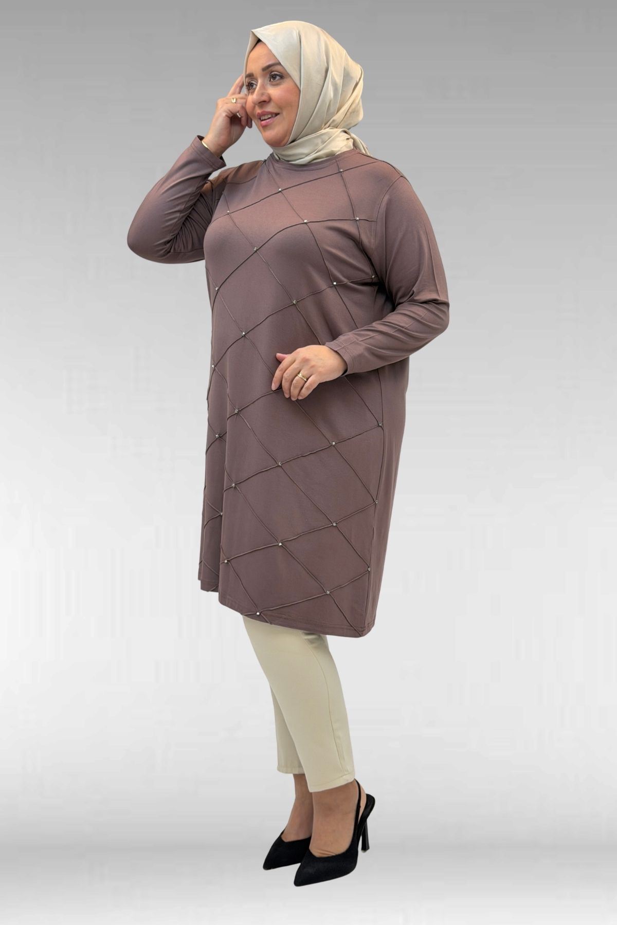 68004 Büyük Beden Çıma Detaylı Penye Tunik - Vizon