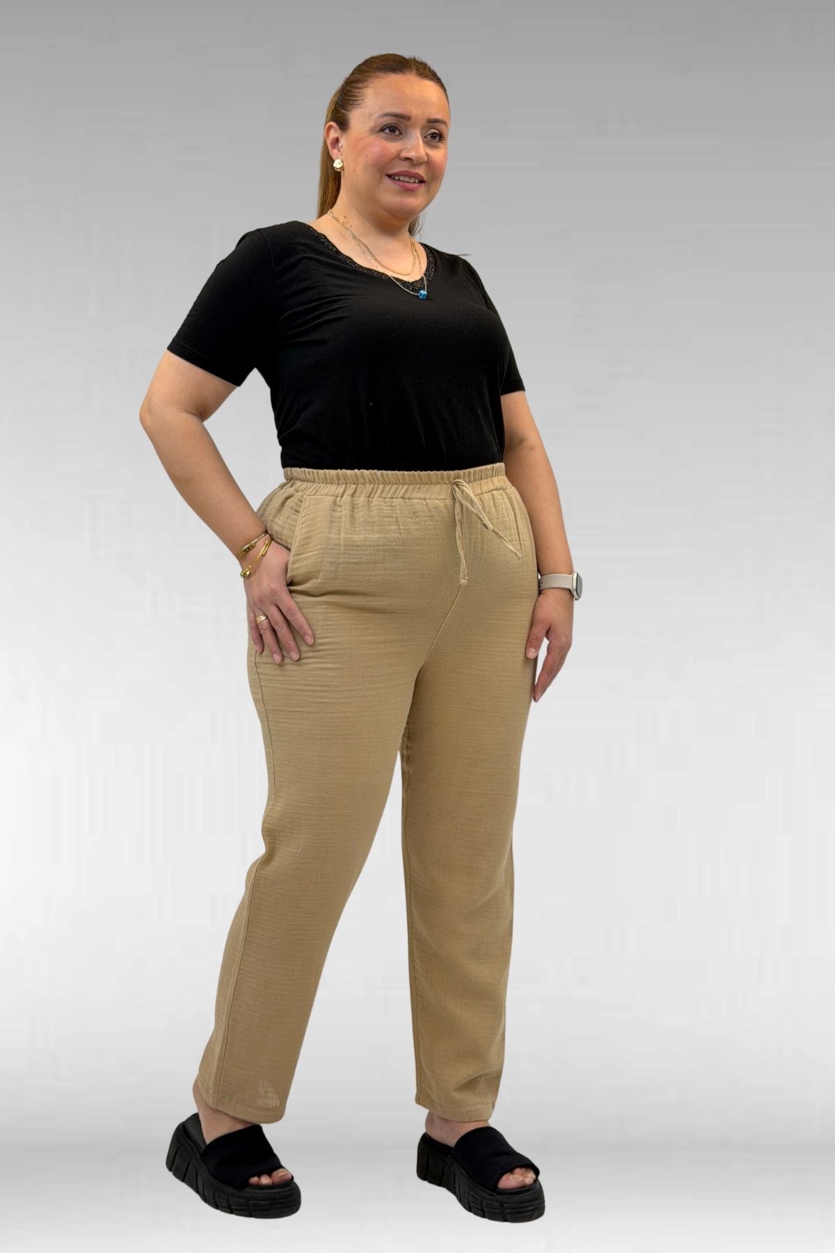 59020 Büyük Beden Beli Lastikli Müslin Dar Paça Pantolon - Vizon