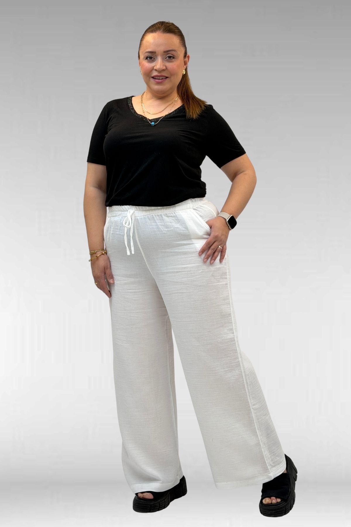 59021 Büyük Beden Beli Lastikli Müslin Bol Paça Pantolon - Ekru