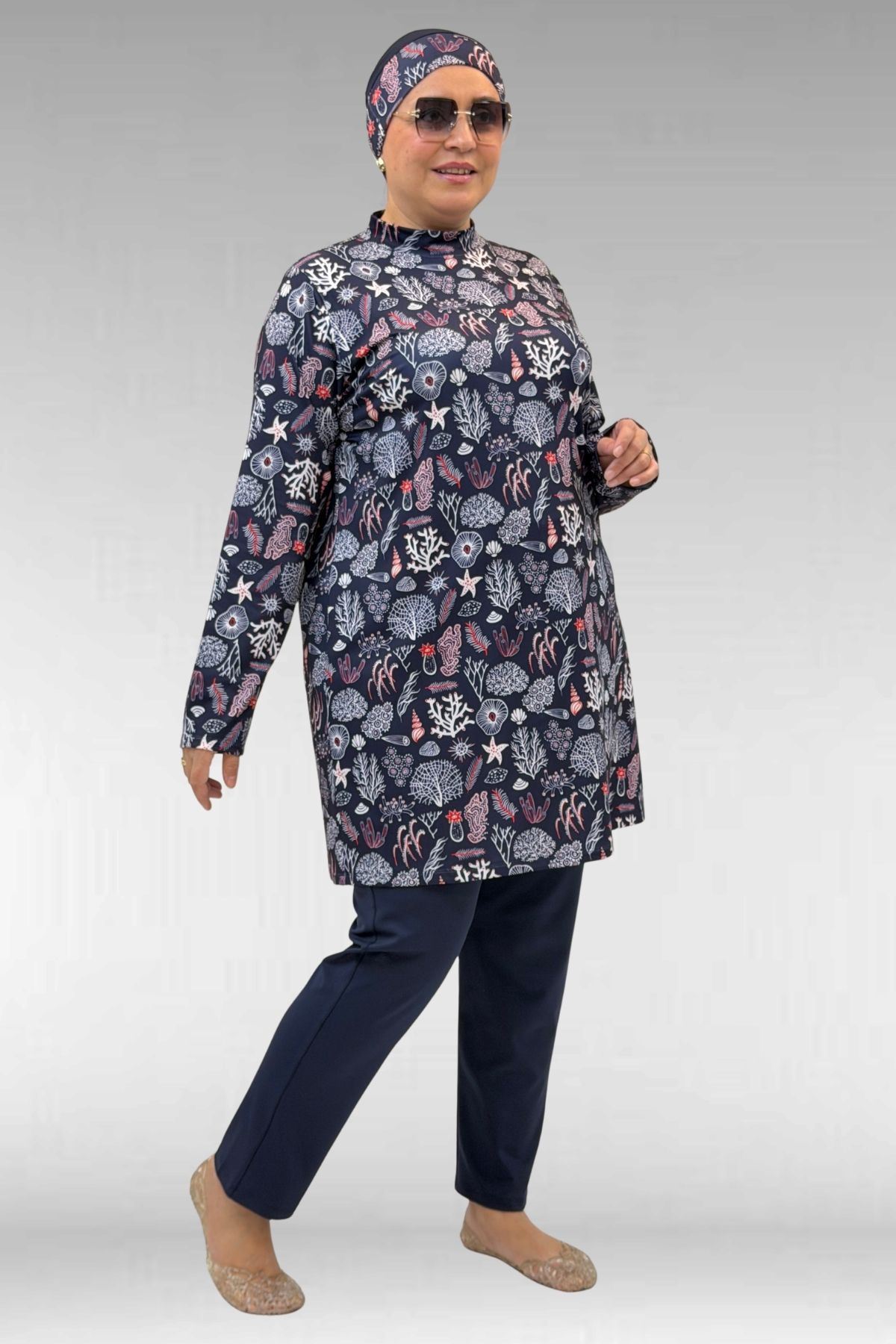 1727 Büyük Beden Uzunkol Tesettür Mayo Takım - Karışık Desen Laci-Laci