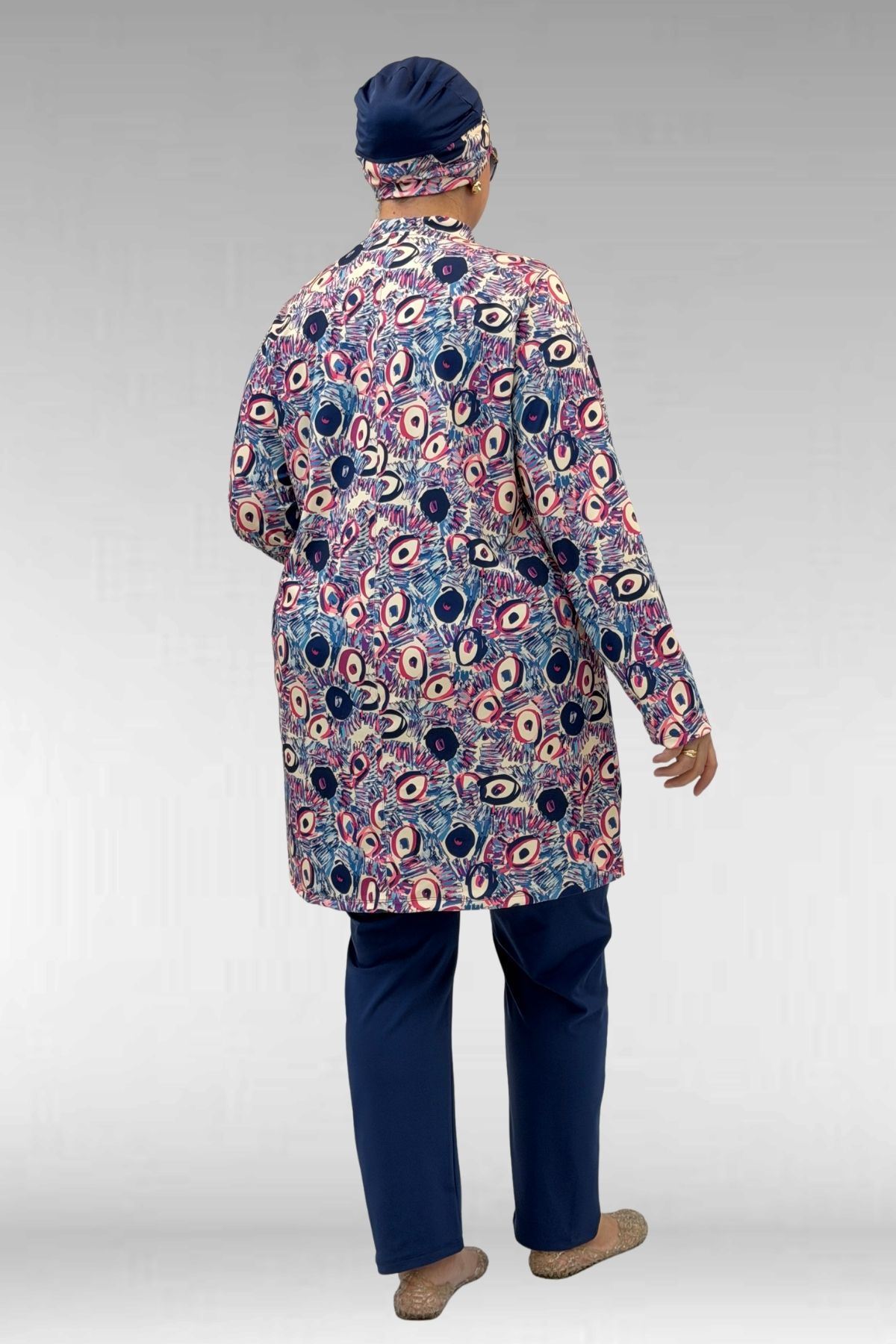 1727 Büyük Beden Uzunkol Tesettür Mayo Takım - Göz Desen İndigo-İndigo