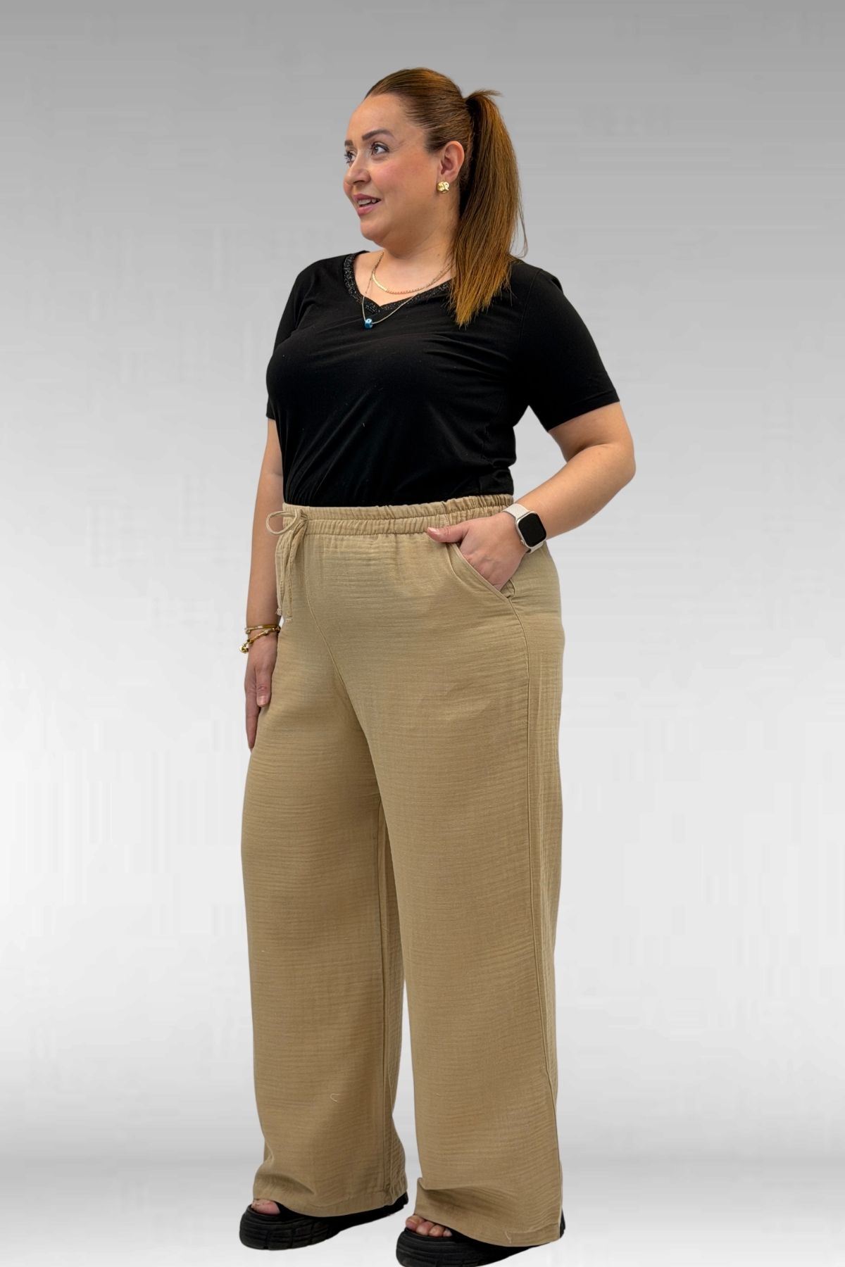 59021 Büyük Beden Beli Lastikli Müslin Bol Paça Pantolon - Vizon