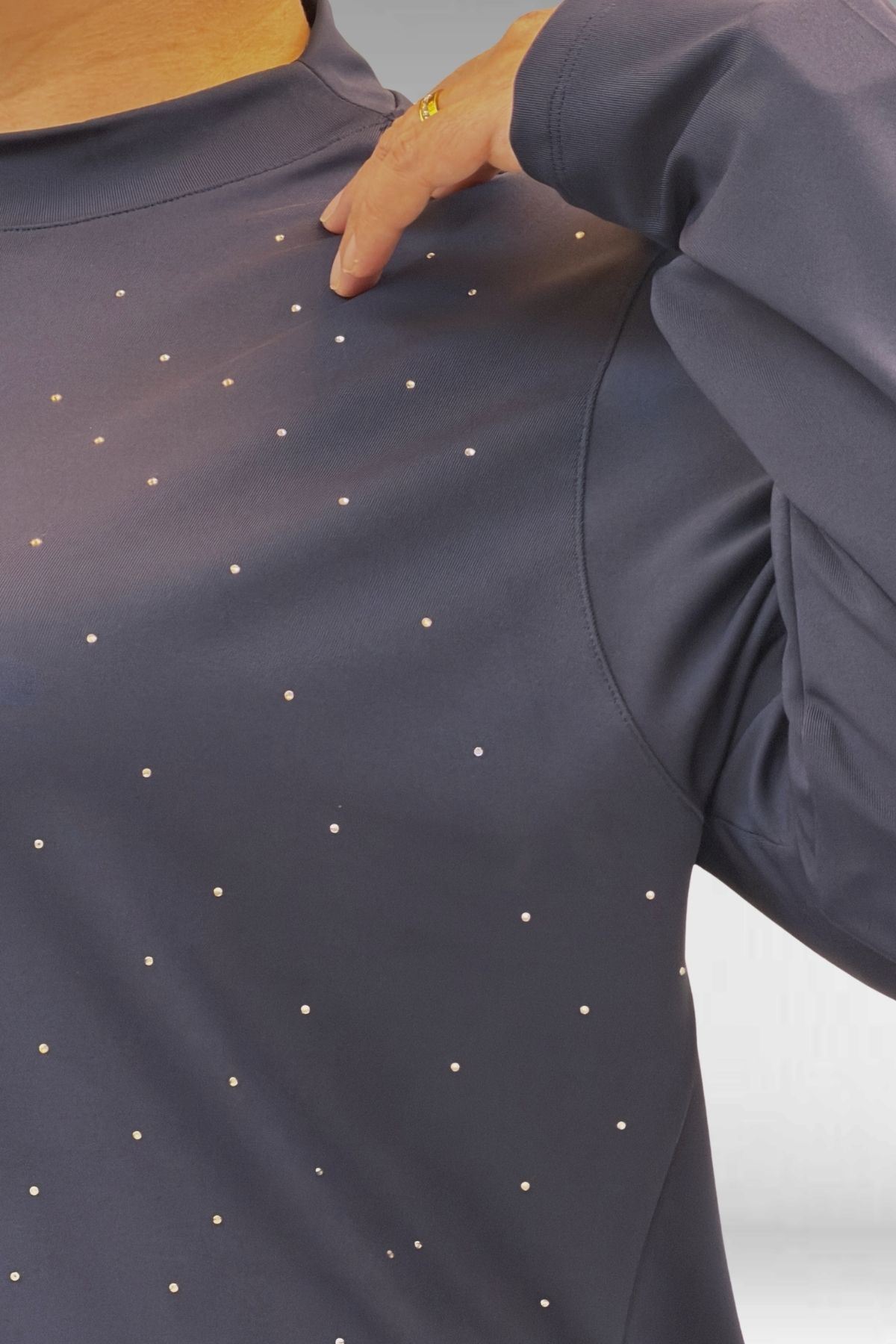 1739 Büyük Beden Önü Taş Baskılı Uzunkol Tesettür Mayo - Lacivert