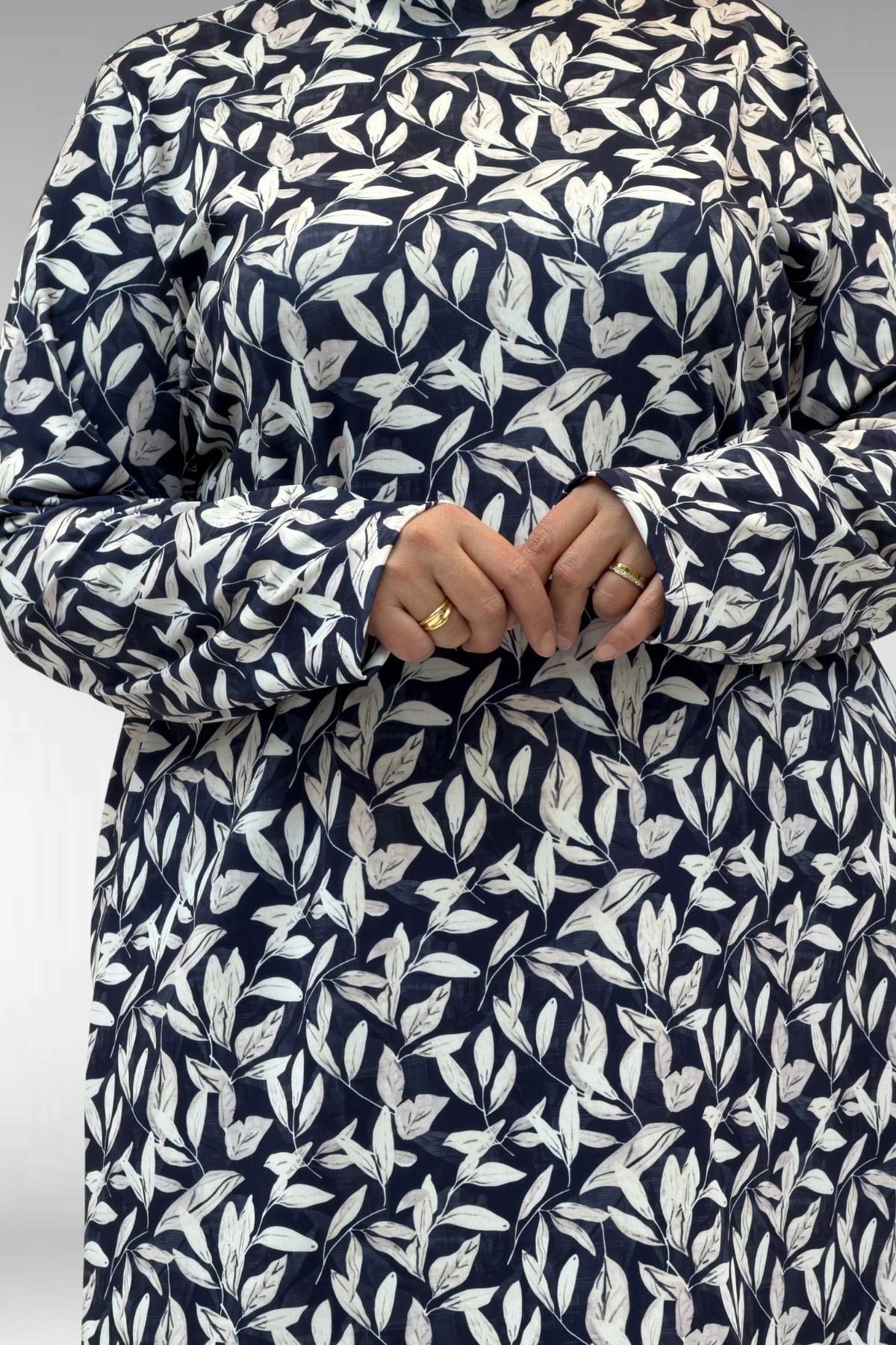 1727 Büyük Beden Uzunkol Tesettür Mayo Takım - Yaprak Desen Ekru-Laci