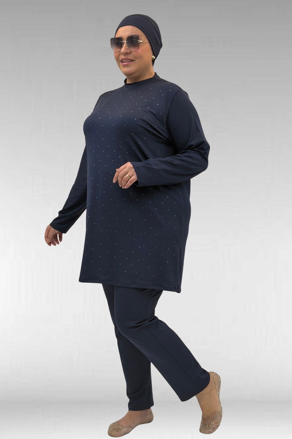 1739 Büyük Beden Önü Taş Baskılı Uzunkol Tesettür Mayo - Lacivert