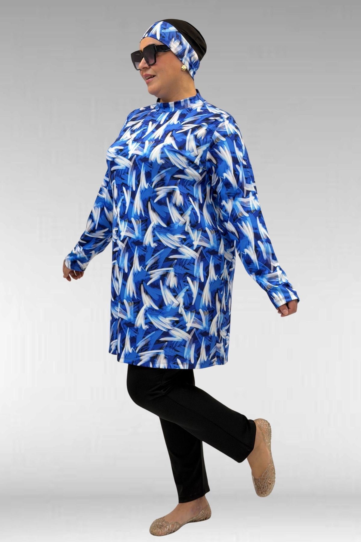 1727 Büyük Beden Uzunkol Tesettür Mayo Takım - Fırça Desen Saks-Siyah