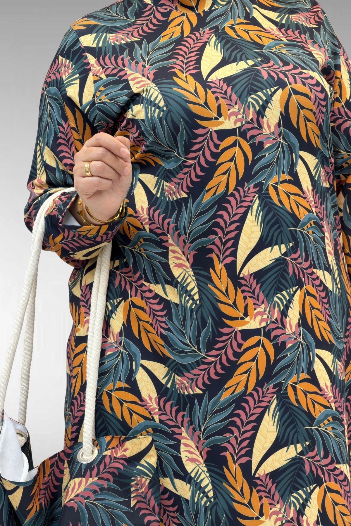 1727 Büyük Beden Uzunkol Tesettür Mayo Takım - Yaprak Desen Hardal-Laci