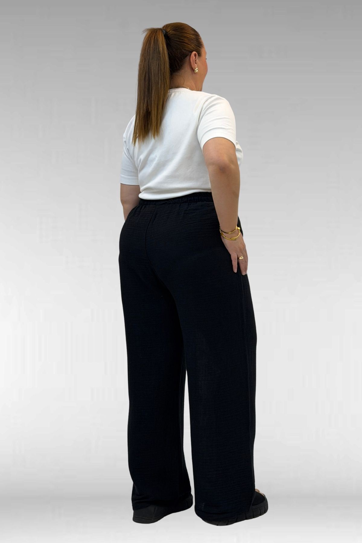 59021 Büyük Beden Beli Lastikli Müslin Bol Paça Pantolon - Siyah