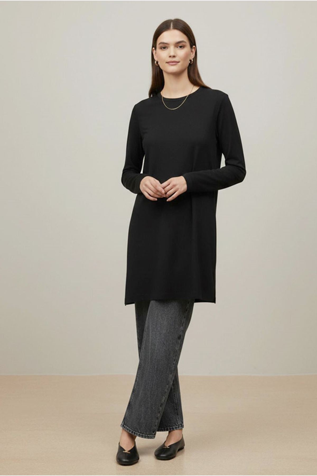 26Y6555 - SİYAH - PENYE UZUNKOL TUNİK