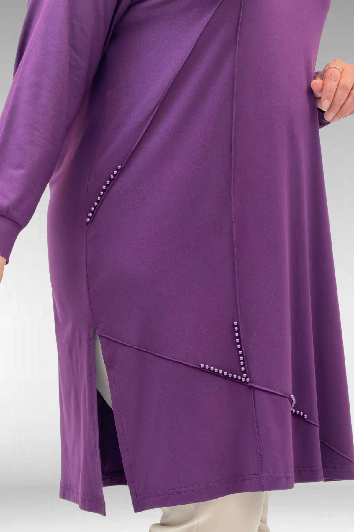 68005 Büyük Beden İnci Çakma Detaylı Penye Tunik - Mürdüm