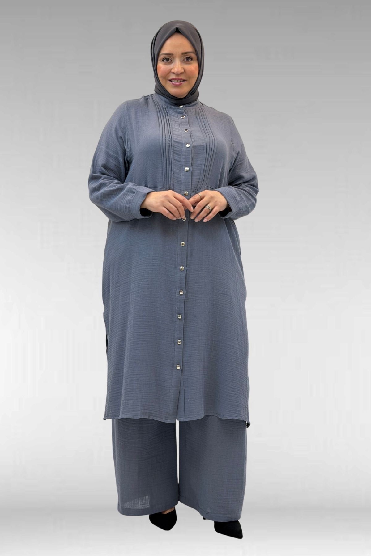 67023 Büyük Beden Önü Pile Detaylı Müslin Pantolonlu Takım - Antrasit