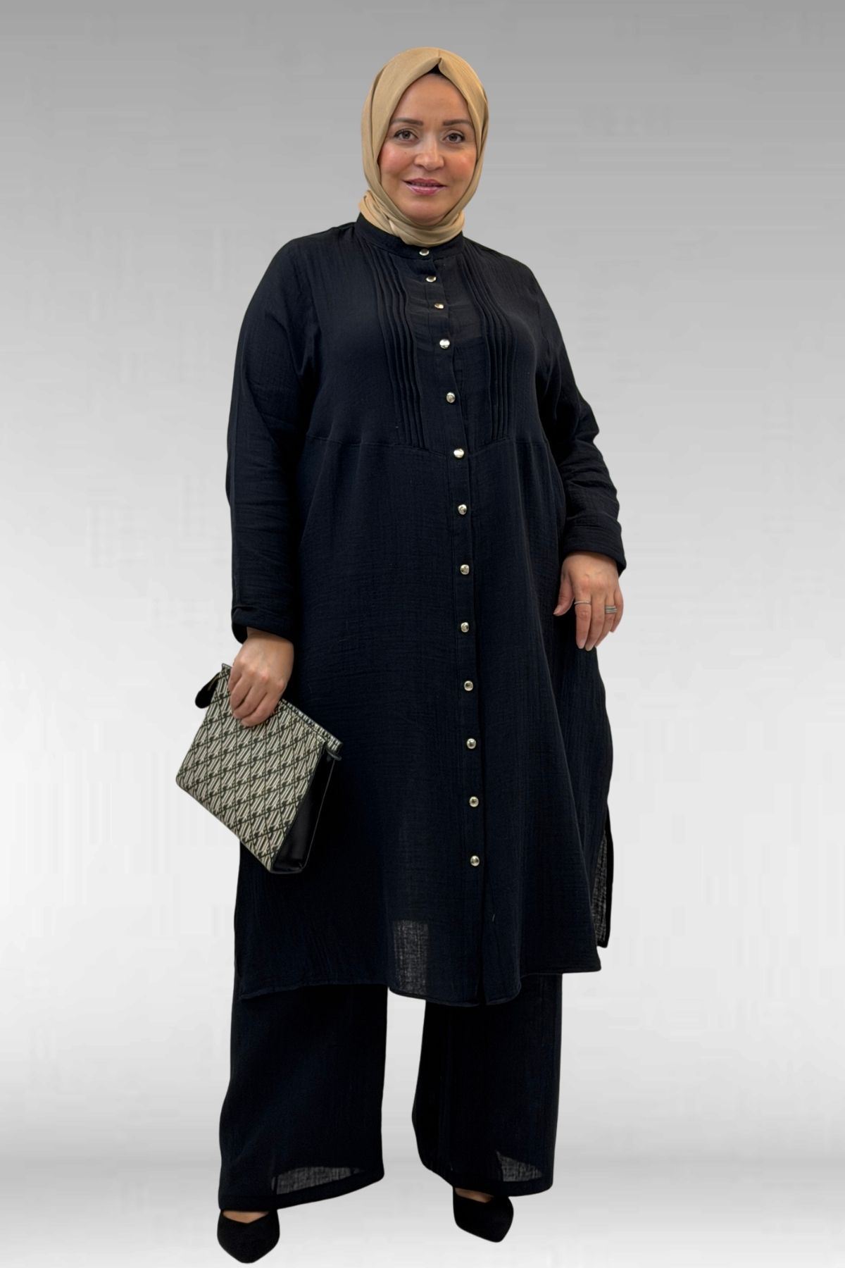 67023 Büyük Beden Önü Pile Detaylı Müslin Pantolonlu Takım - Siyah