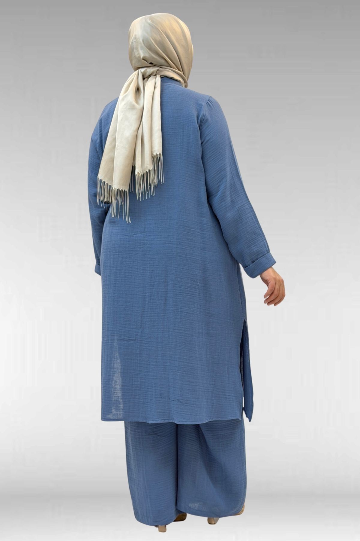 67023 Büyük Beden Önü Pile Detaylı Müslin Pantolonlu Takım - İndigo