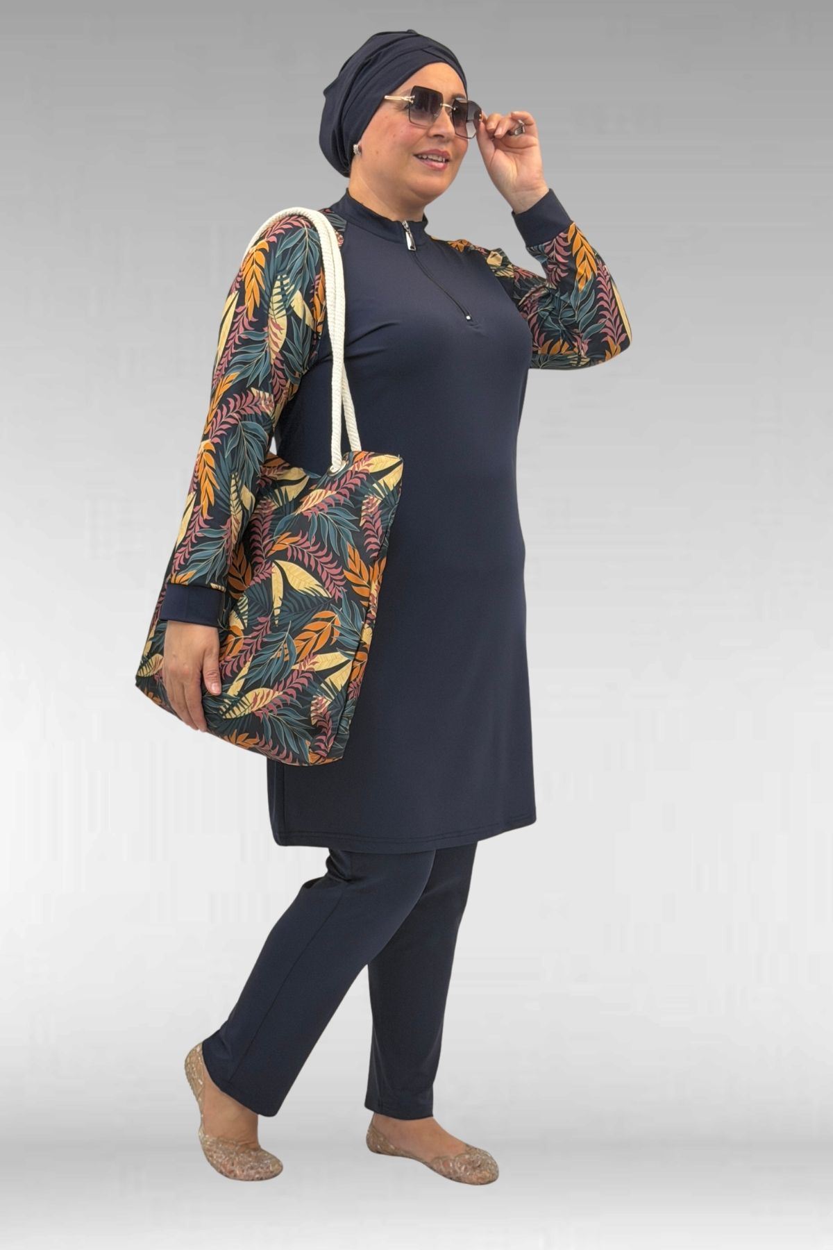 1732 Büyük Beden Balıkçı Yaka Fermuarlı Mayo - Yaprak Desen Hardal-Laci