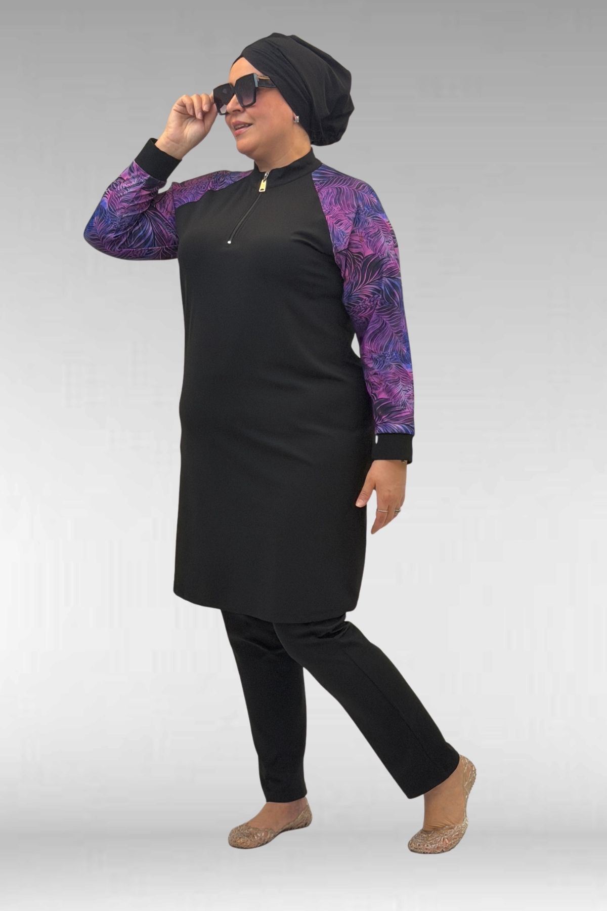 1732 Büyük Beden Balıkçı Yaka Fermuarlı Mayo - Yaprak Desen Mor-Siyah