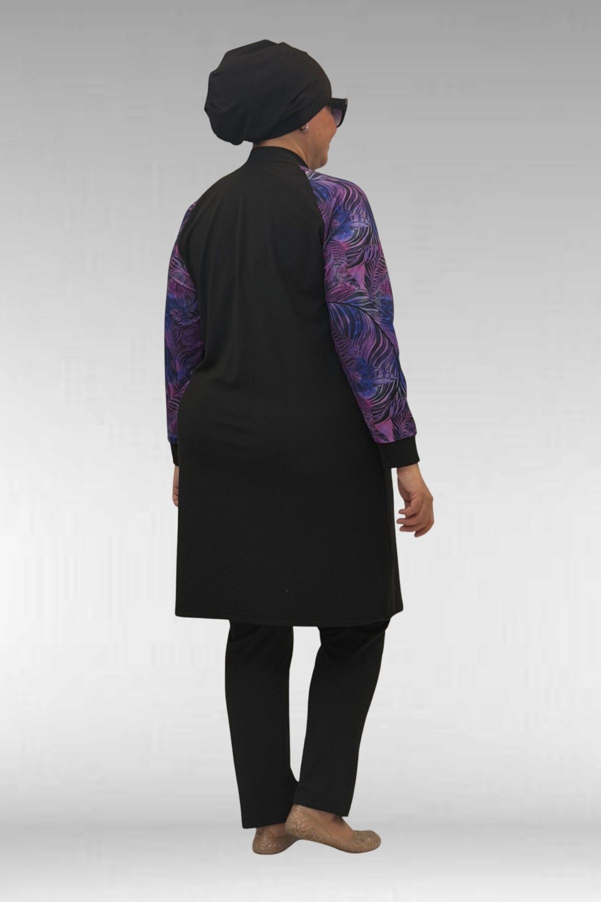 1732 Büyük Beden Balıkçı Yaka Fermuarlı Mayo - Yaprak Desen Mor-Siyah