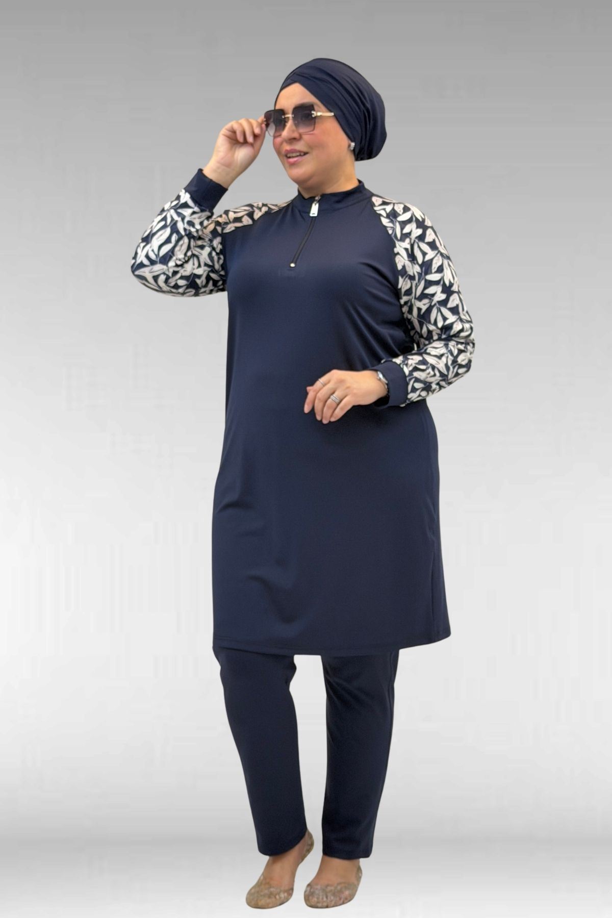 1732 Büyük Beden Balıkçı Yaka Fermuarlı Mayo - Yaprak Desen Ekru-Laci