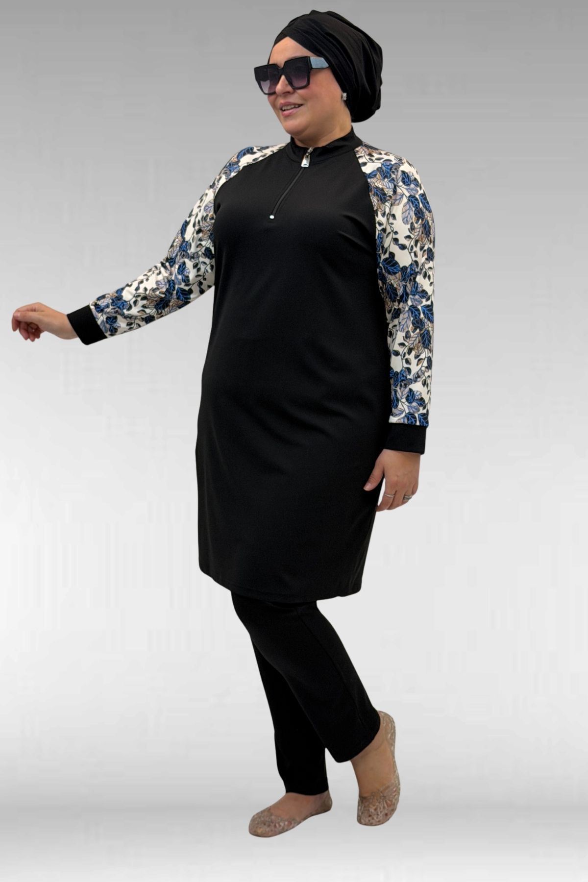 1732 Büyük Beden Balıkçı Yaka Fermuarlı Mayo - Yaprak Desen Mavi-Siyah