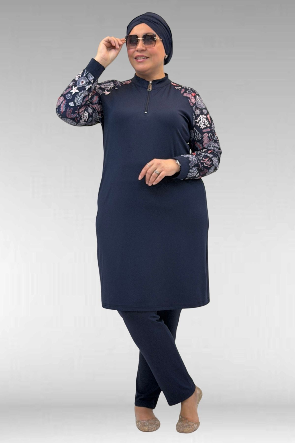 1732 Büyük Beden Balıkçı Yaka Fermuarlı Mayo - Karışık Desen Laci-Laci