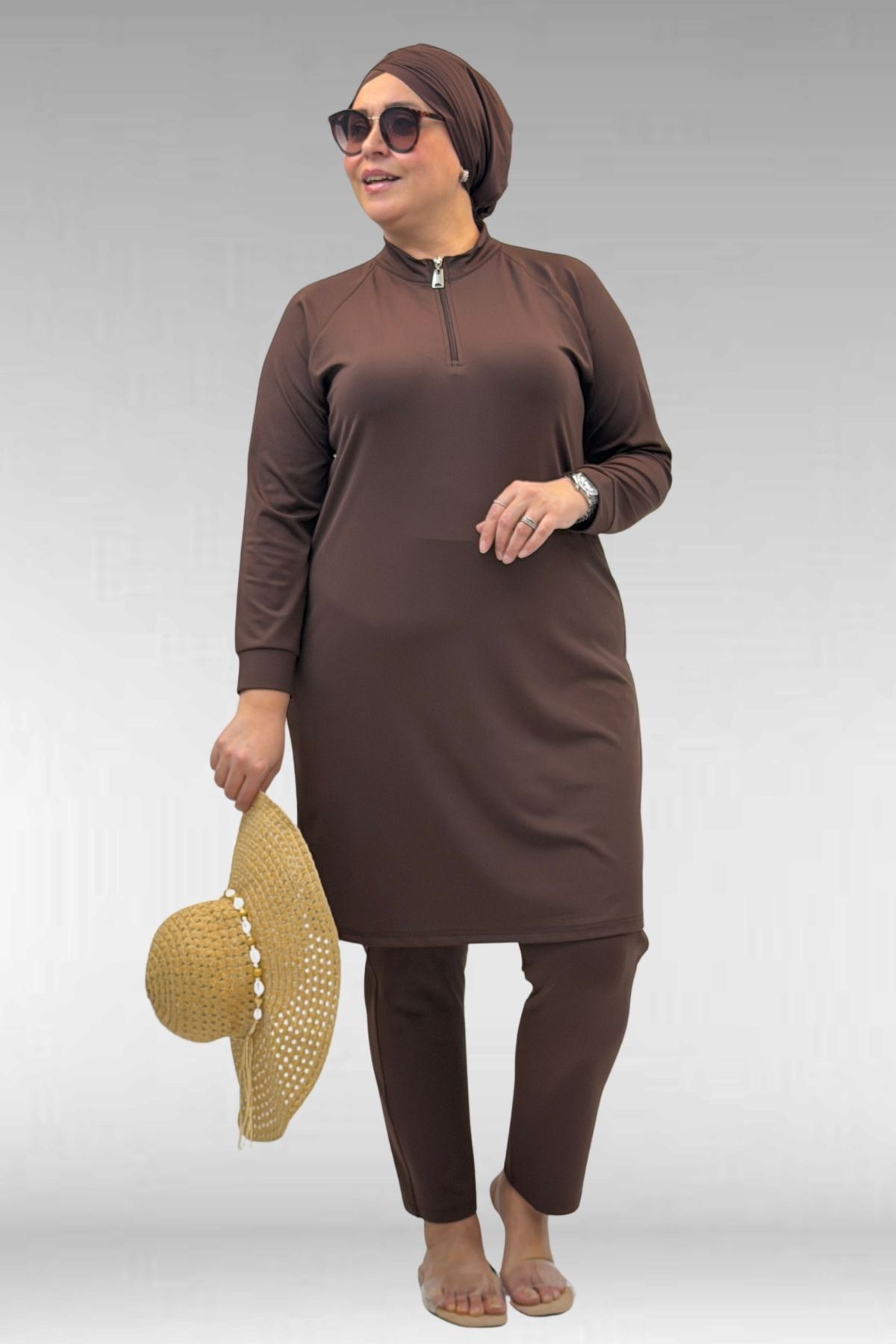 1732 Büyük Beden Balıkçı Yaka Fermuarlı Mayo - Kahve