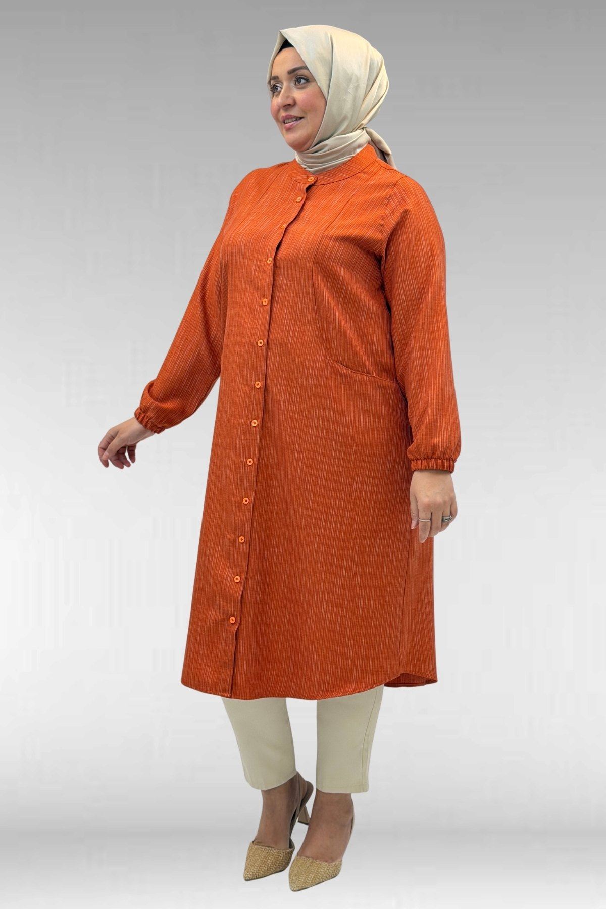 68017 Büyük Beden Hakim Yakalı Kolları Lastikli Tunik - Kiremit