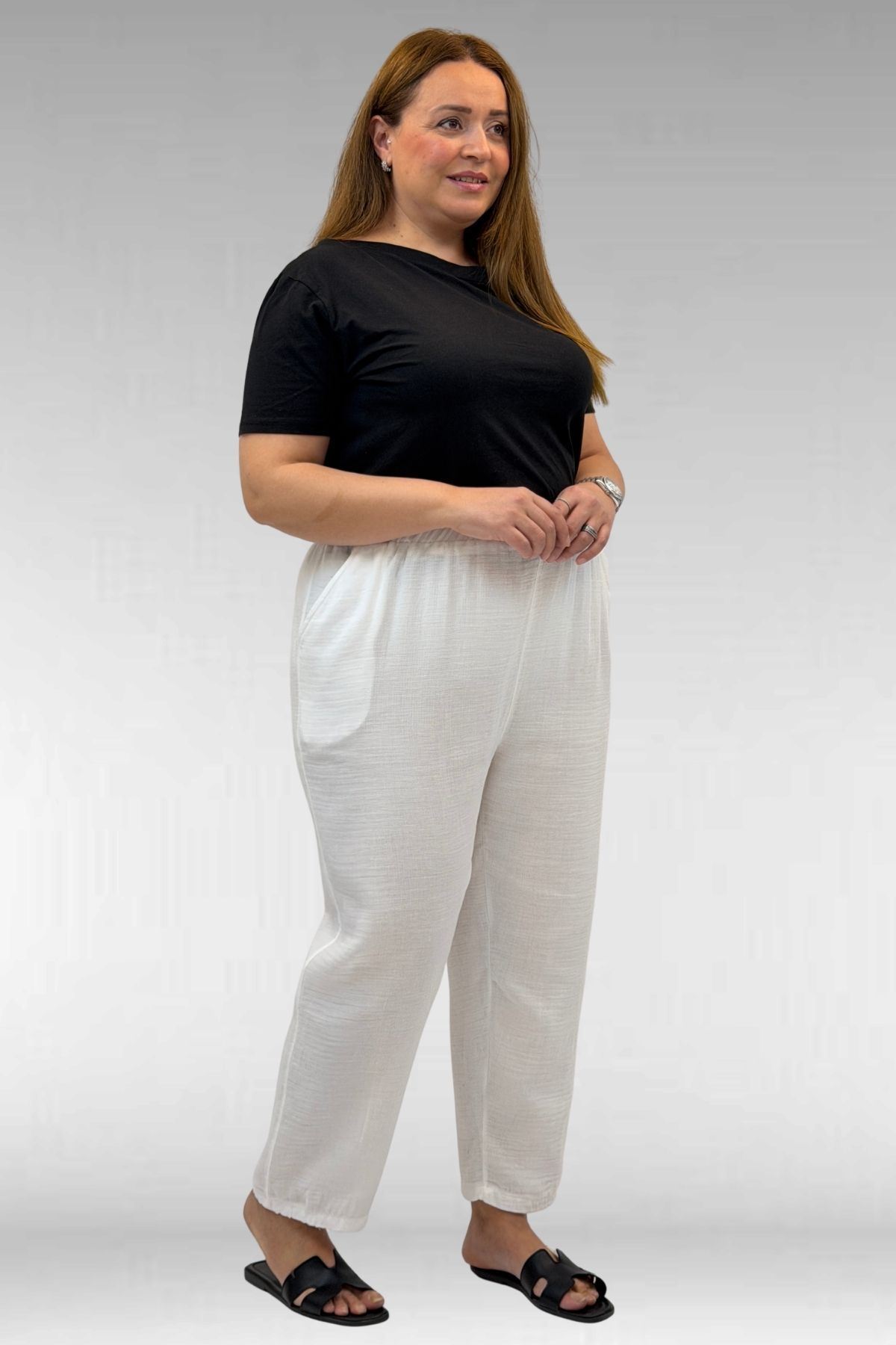 59022 Büyük Beden Paçası Yarım Lastikli Müslin Pantolon - Ekru