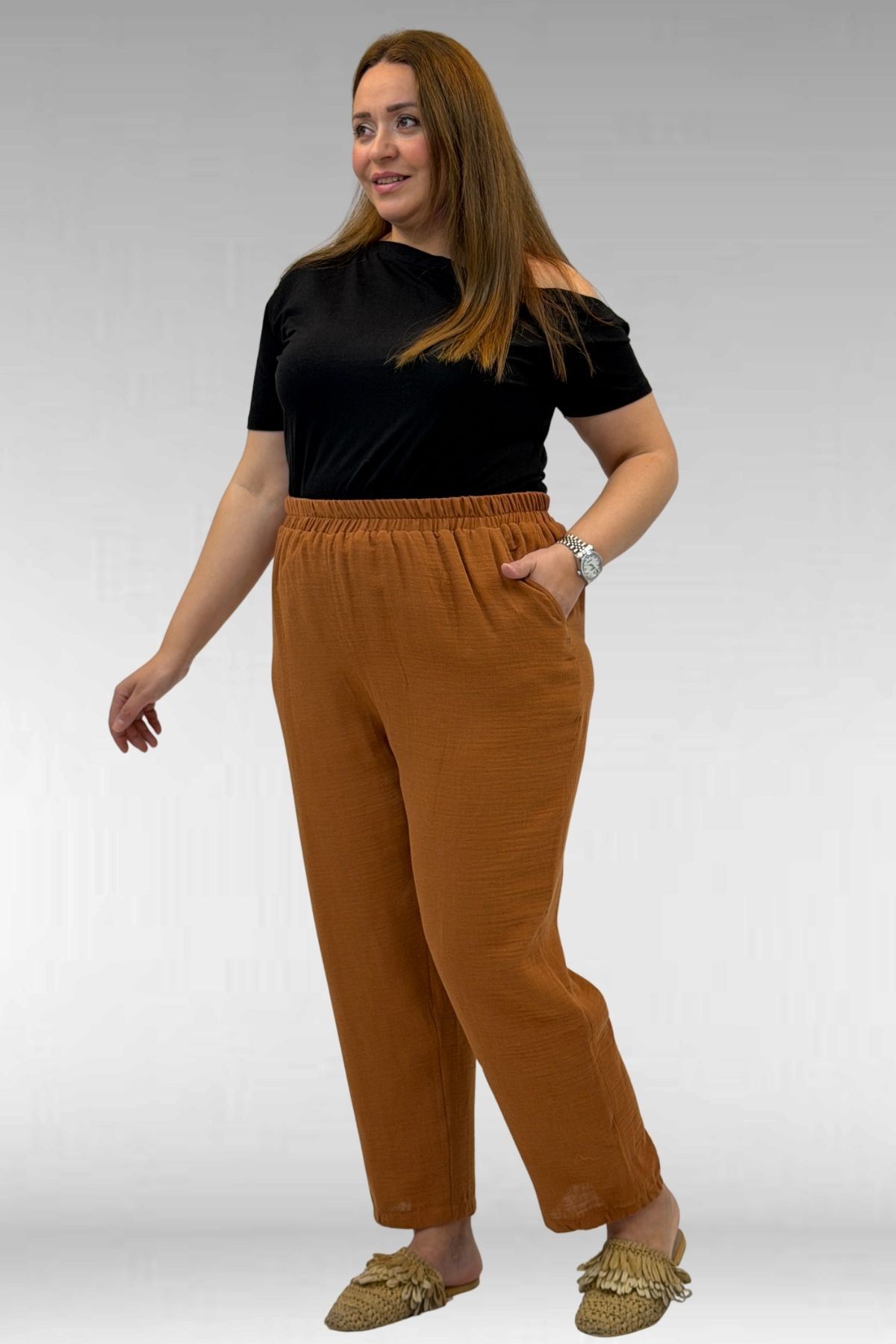 59022 Büyük Beden Paçası Yarım Lastikli Müslin Pantolon - Tarçın