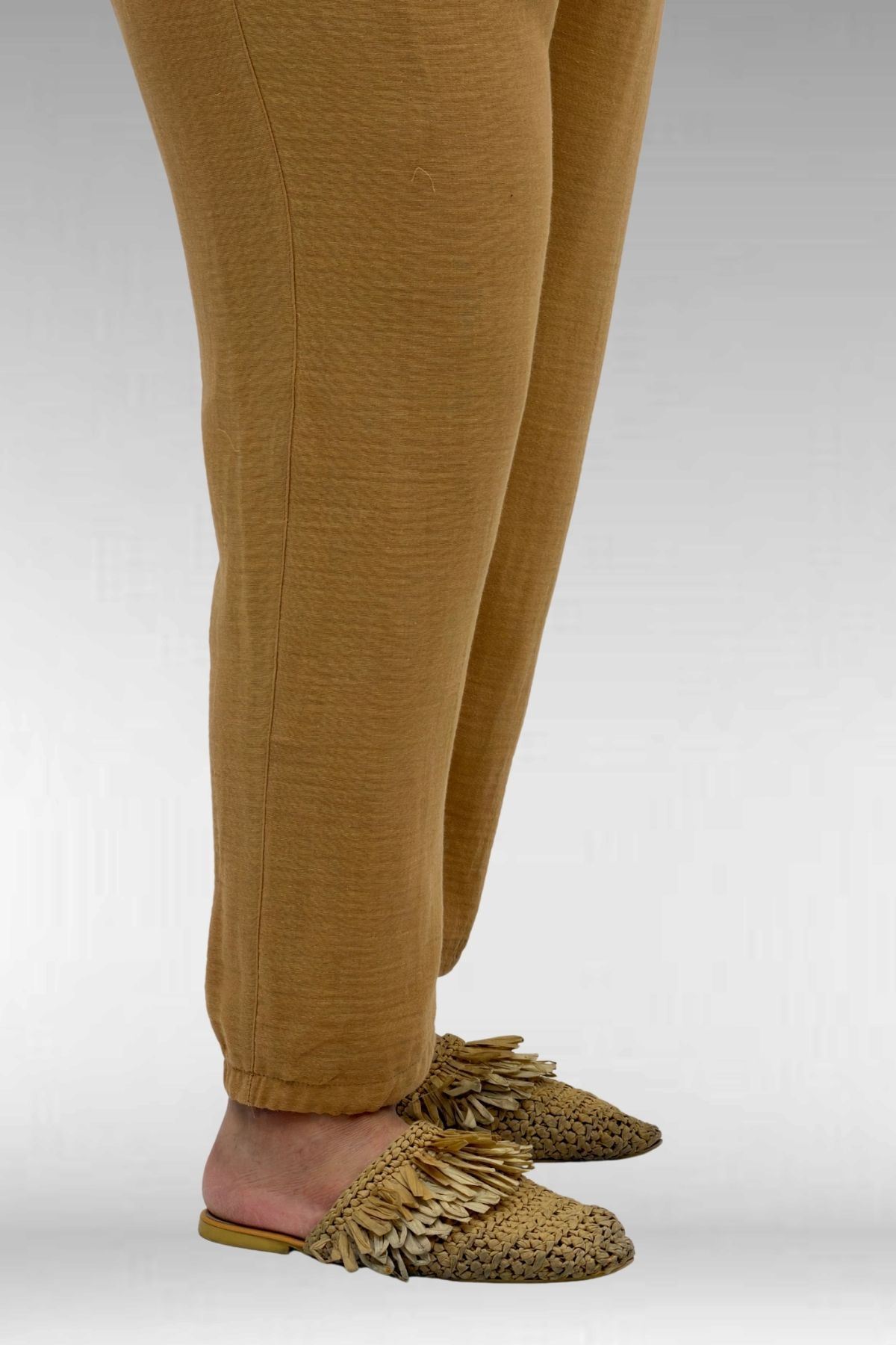 59022 Büyük Beden Paçası Yarım Lastikli Müslin Pantolon - Bisküvi