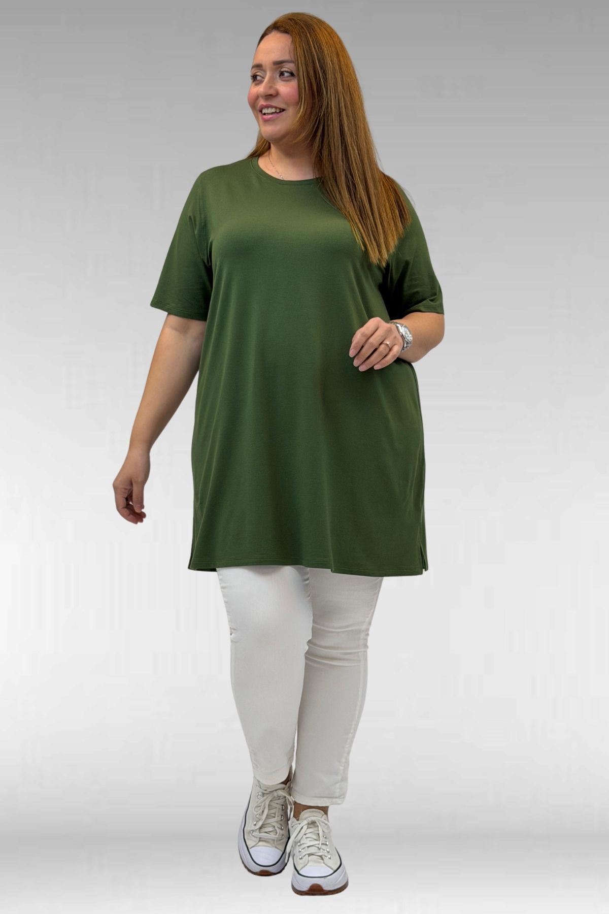 58507 Büyük Beden Yakası Biyeli Penye Tişört - Haki