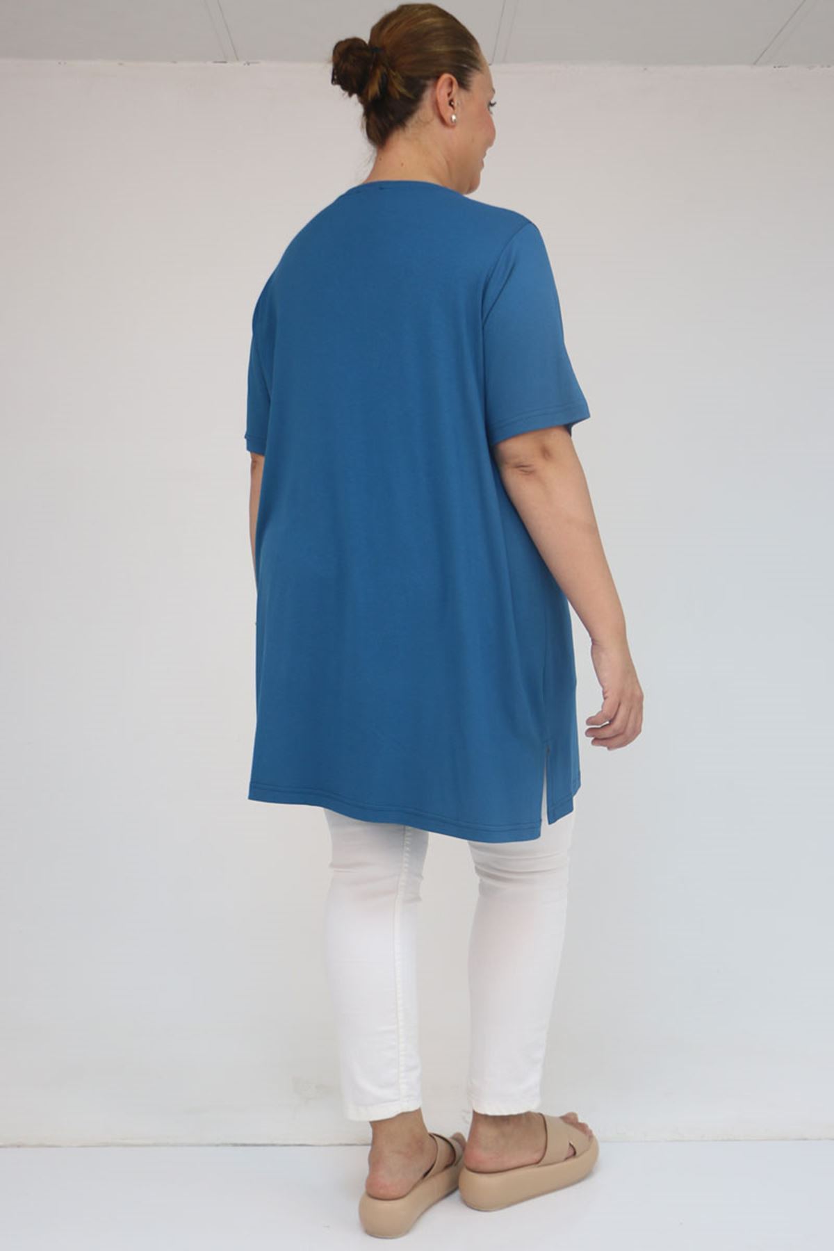 58507 Büyük Beden Yakası Biyeli Penye Tişört - Petrol