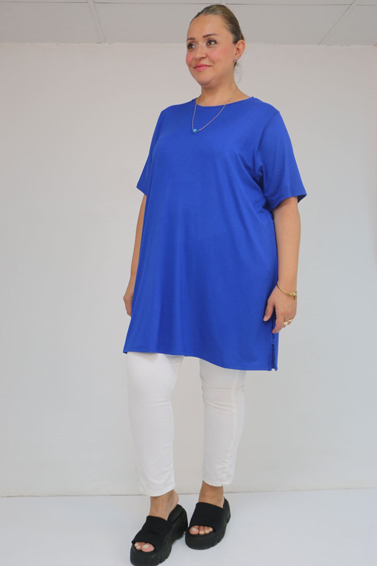 58507 Büyük Beden Yakası Biyeli Penye Tişört - Saks