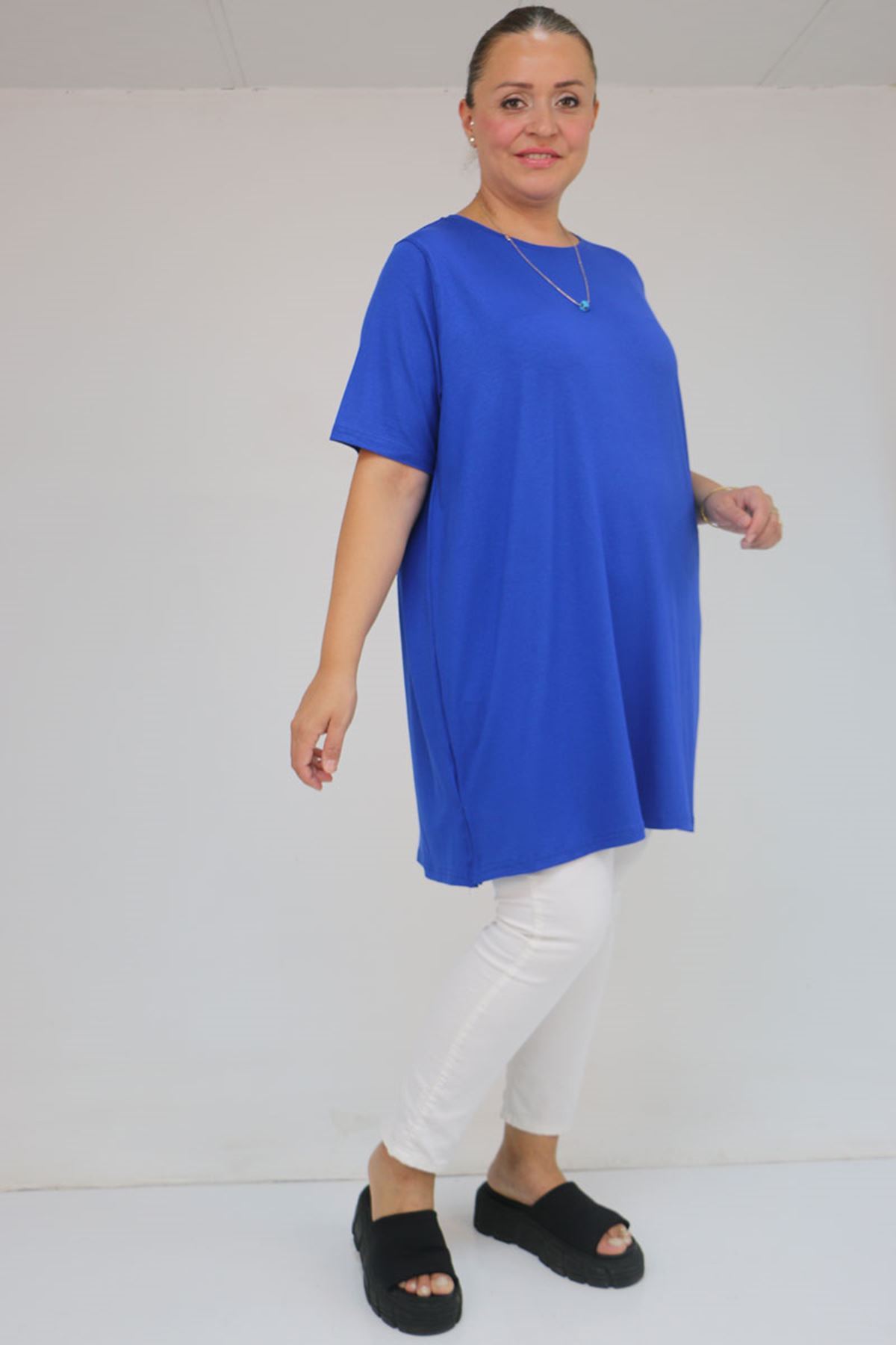 58507 Büyük Beden Yakası Biyeli Penye Tişört - Saks