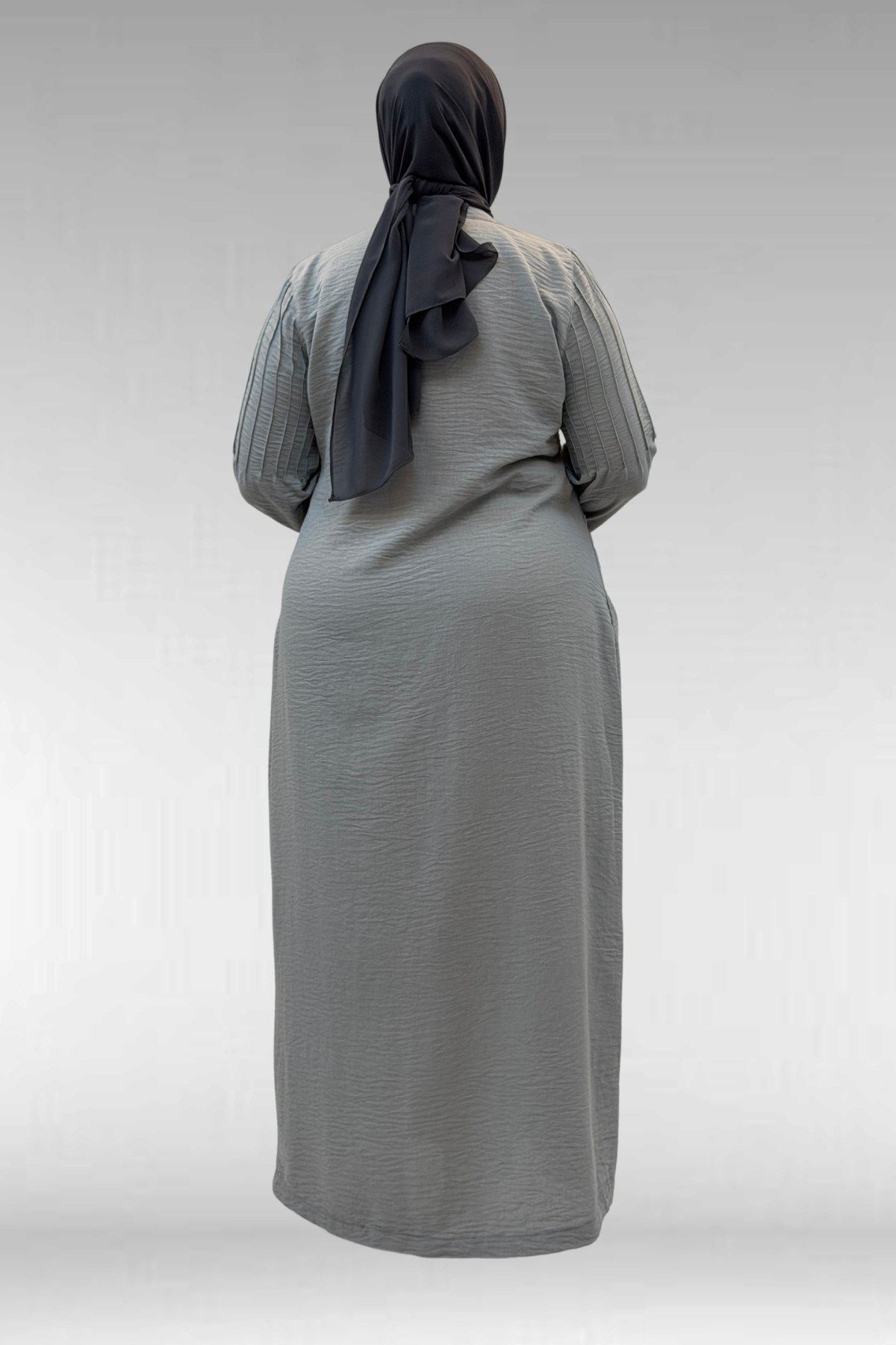 66004 Büyük Beden Pile Detaylı Keten Ferace - Gri