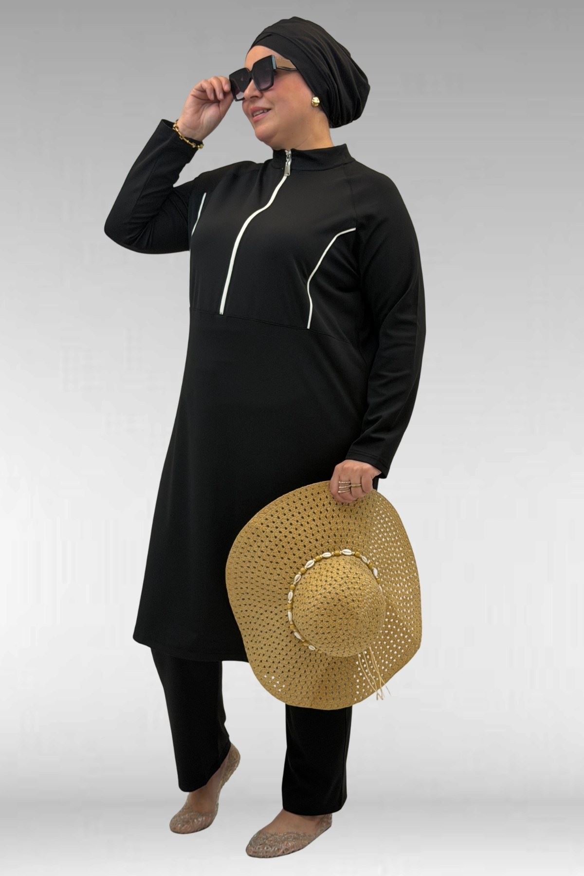 1733 Büyük Beden Fermuarlı Tesettür Mayo - Siyah