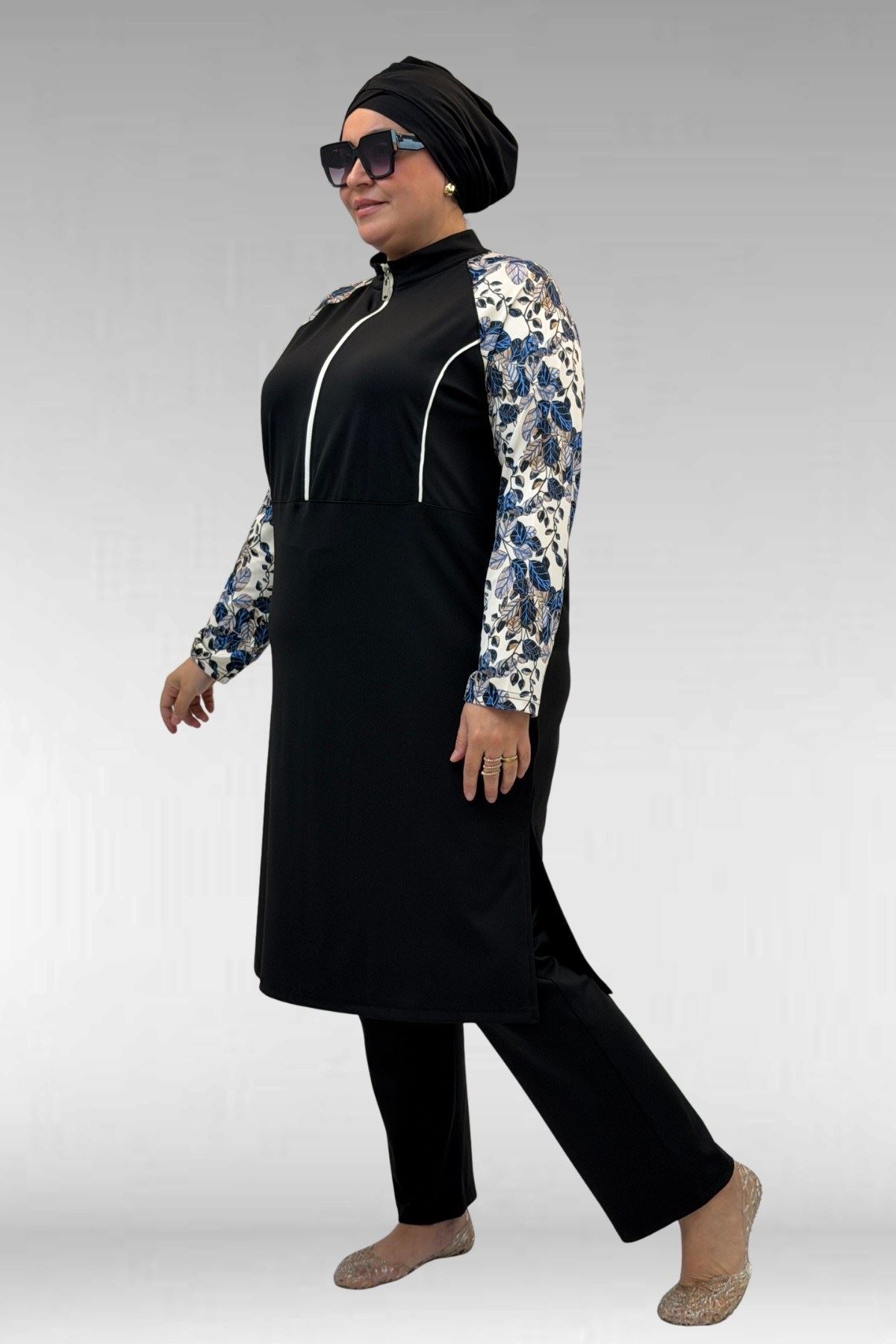 1733 Büyük Beden Fermuarlı Tesettür Mayo - Yaprak Desen Mavi-Siyah