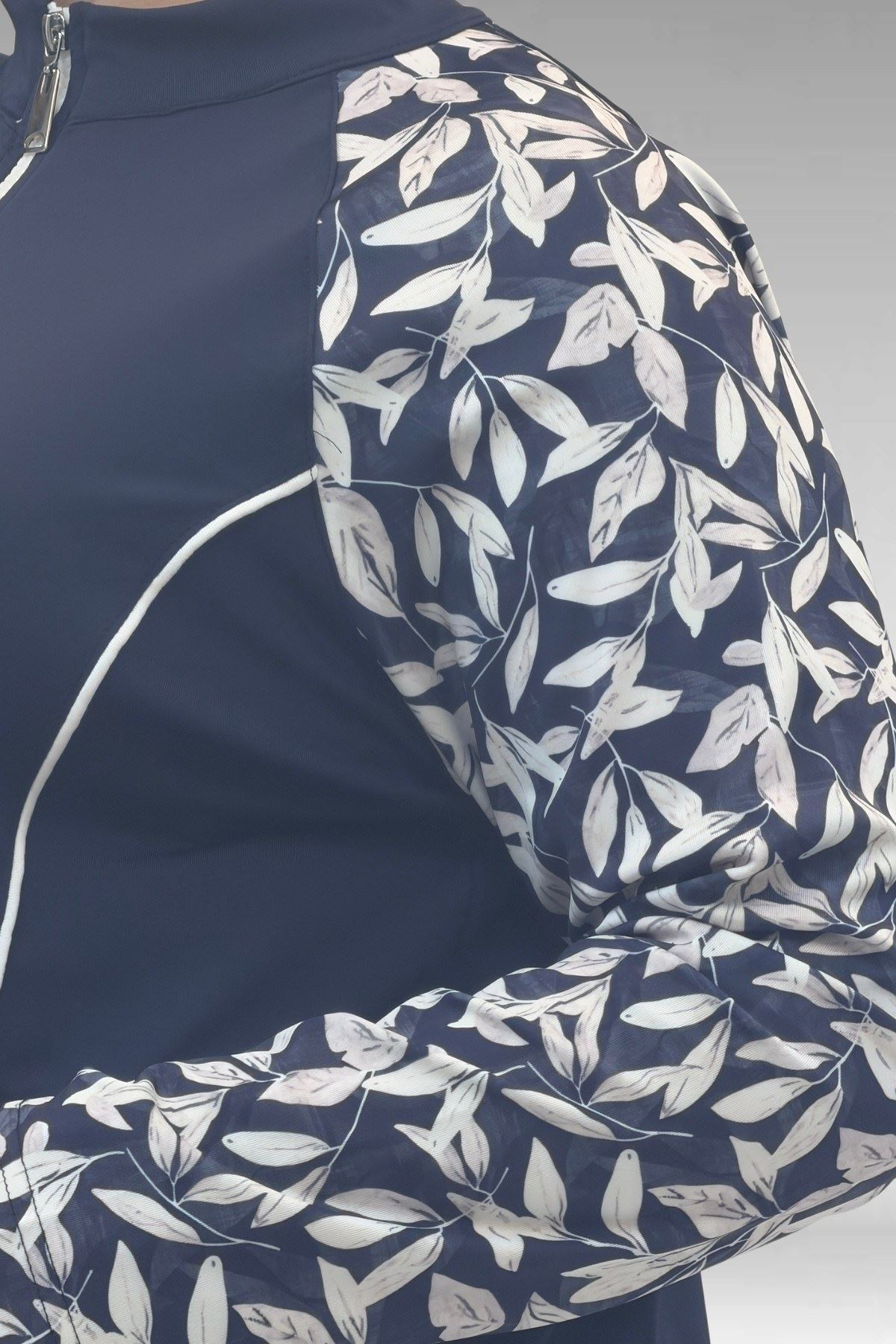 1733 Büyük Beden Fermuarlı Tesettür Mayo - Yaprak Desen Ekru-Laci