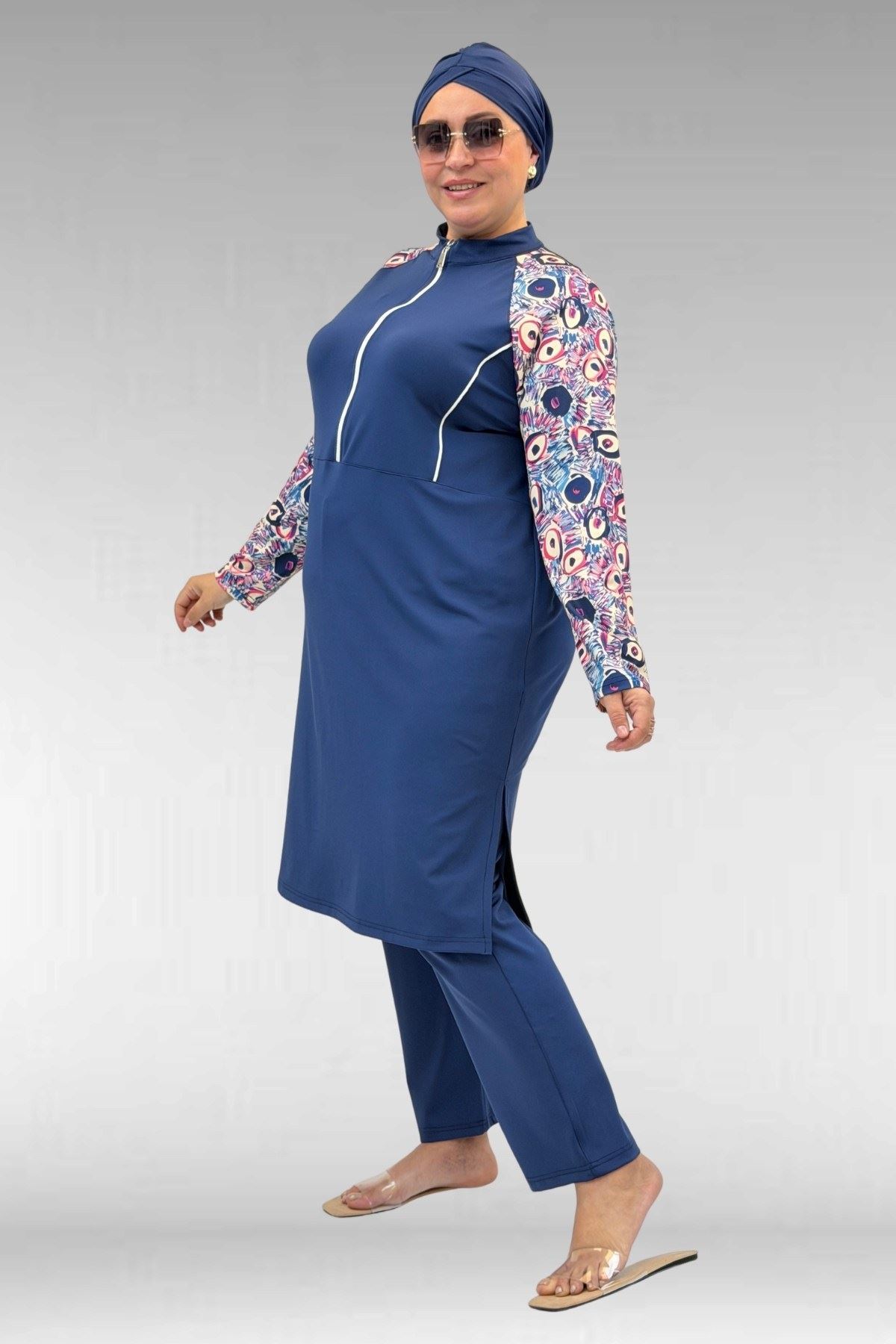 1733 Büyük Beden Fermuarlı Tesettür Mayo - Göz Desen İndigo-İndigo
