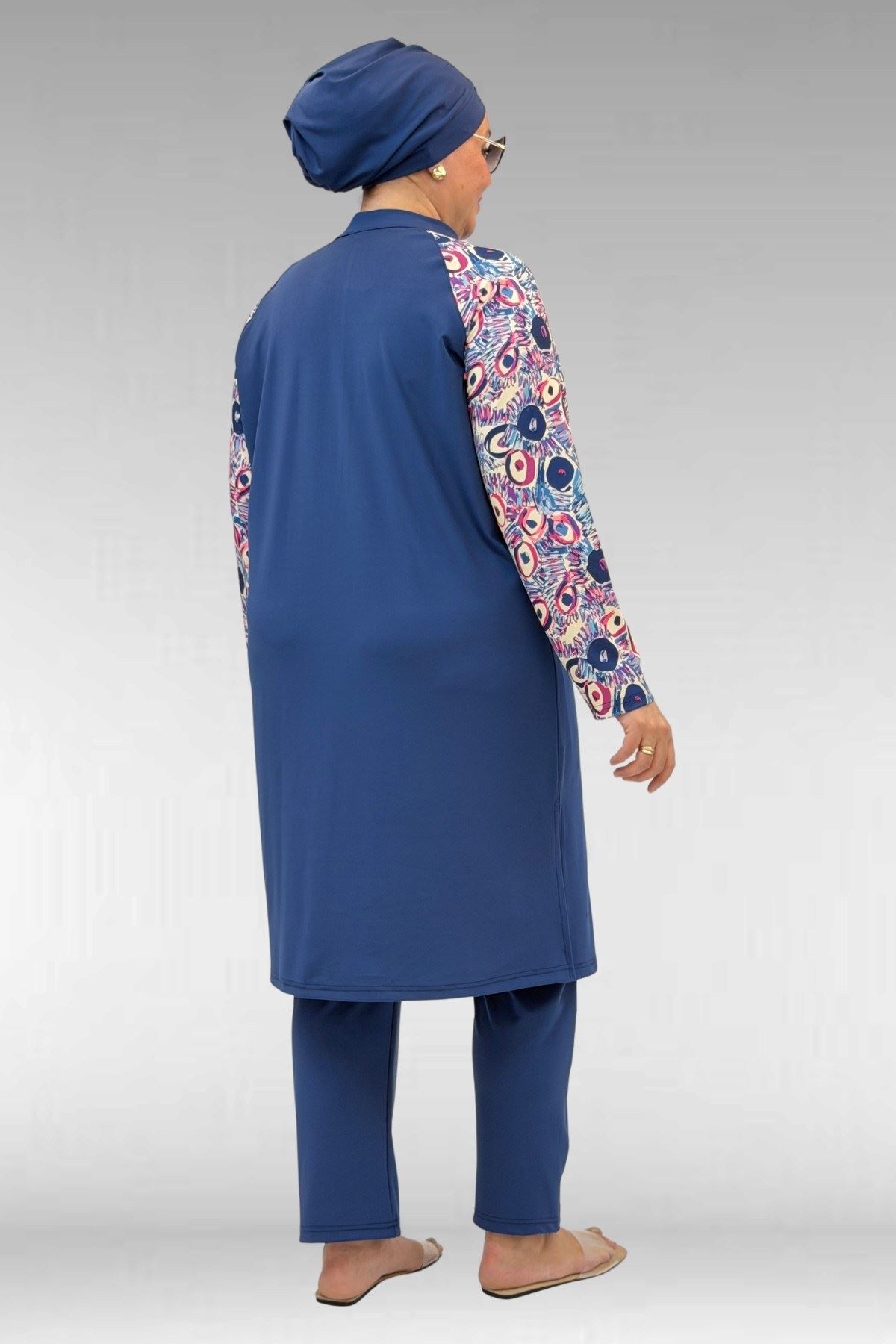 1733 Büyük Beden Fermuarlı Tesettür Mayo - Göz Desen İndigo-İndigo