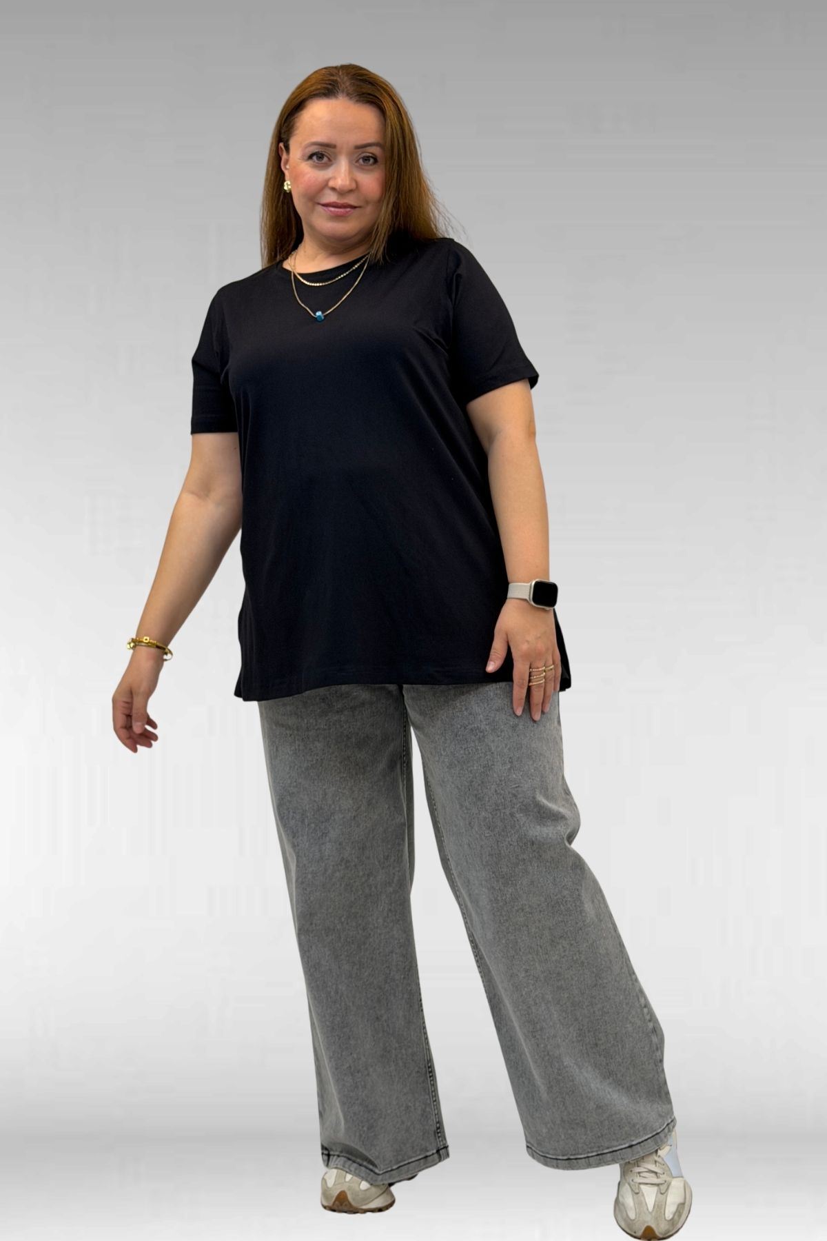 58507 Büyük Beden Yakası Biyeli Penye Tişört - Siyah