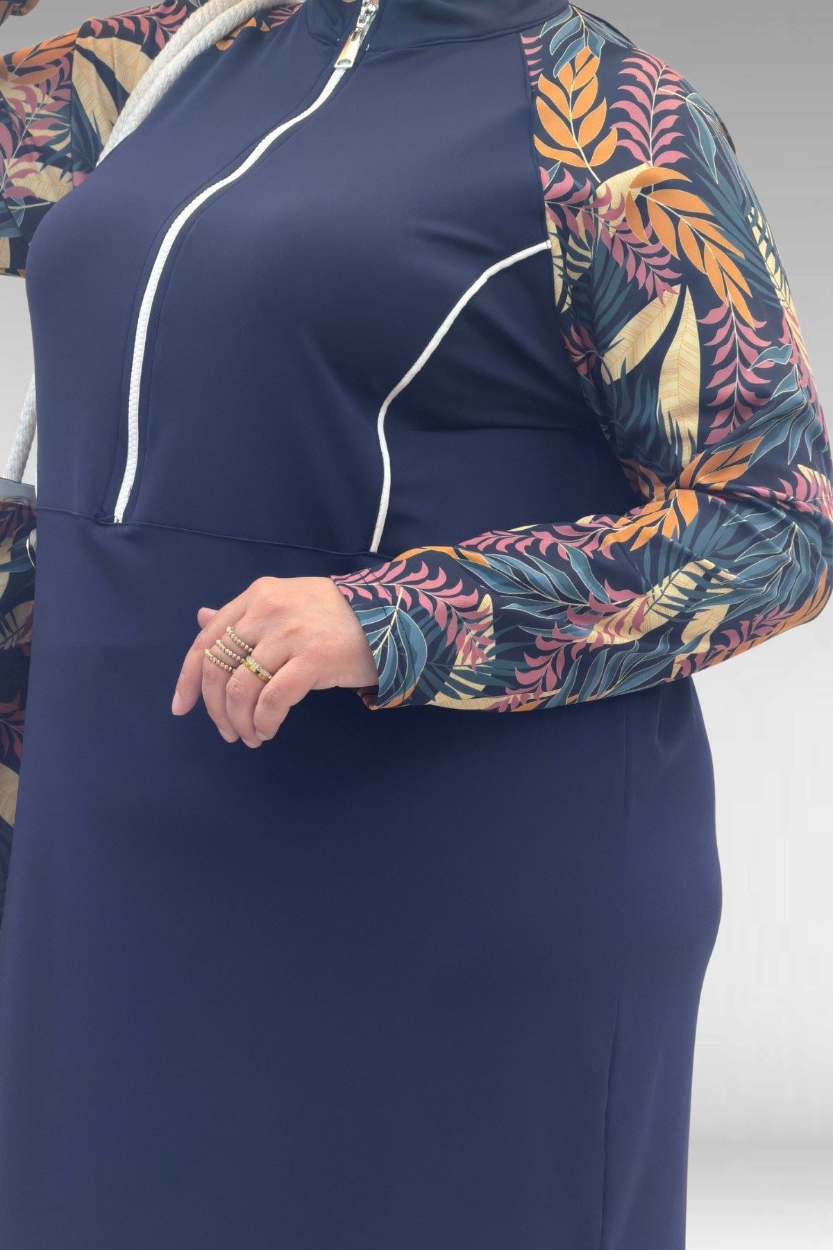 1733 Büyük Beden Fermuarlı Tesettür Mayo - Yaprak Desen Hardal-Laci