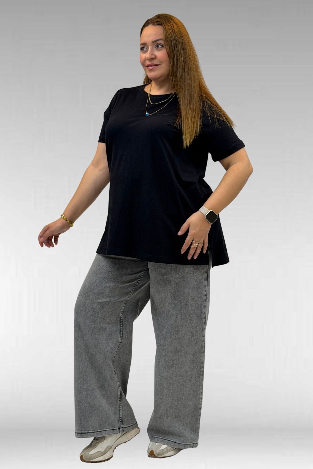 58507 Büyük Beden Yakası Biyeli Penye Tişört - Siyah