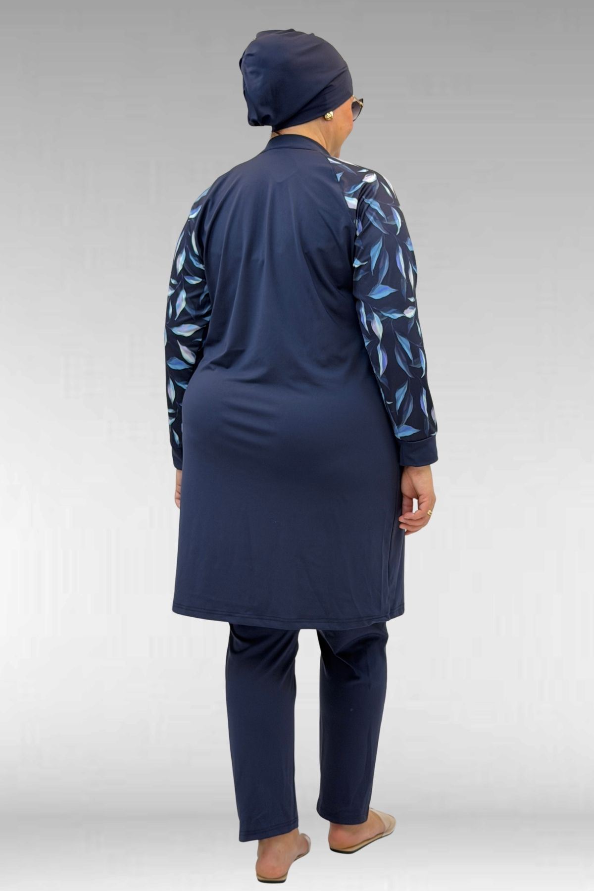 1732 Büyük Beden Balıkçı Yaka Fermuarlı Mayo - Laci Yaprak Desenli-Laci