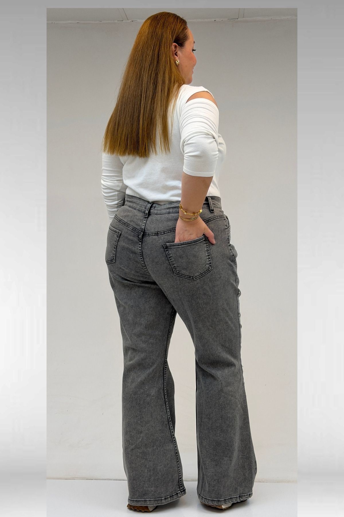 69004 Büyük Beden Yanları Taşlı İspanyol Kot Pantolon - Siyah