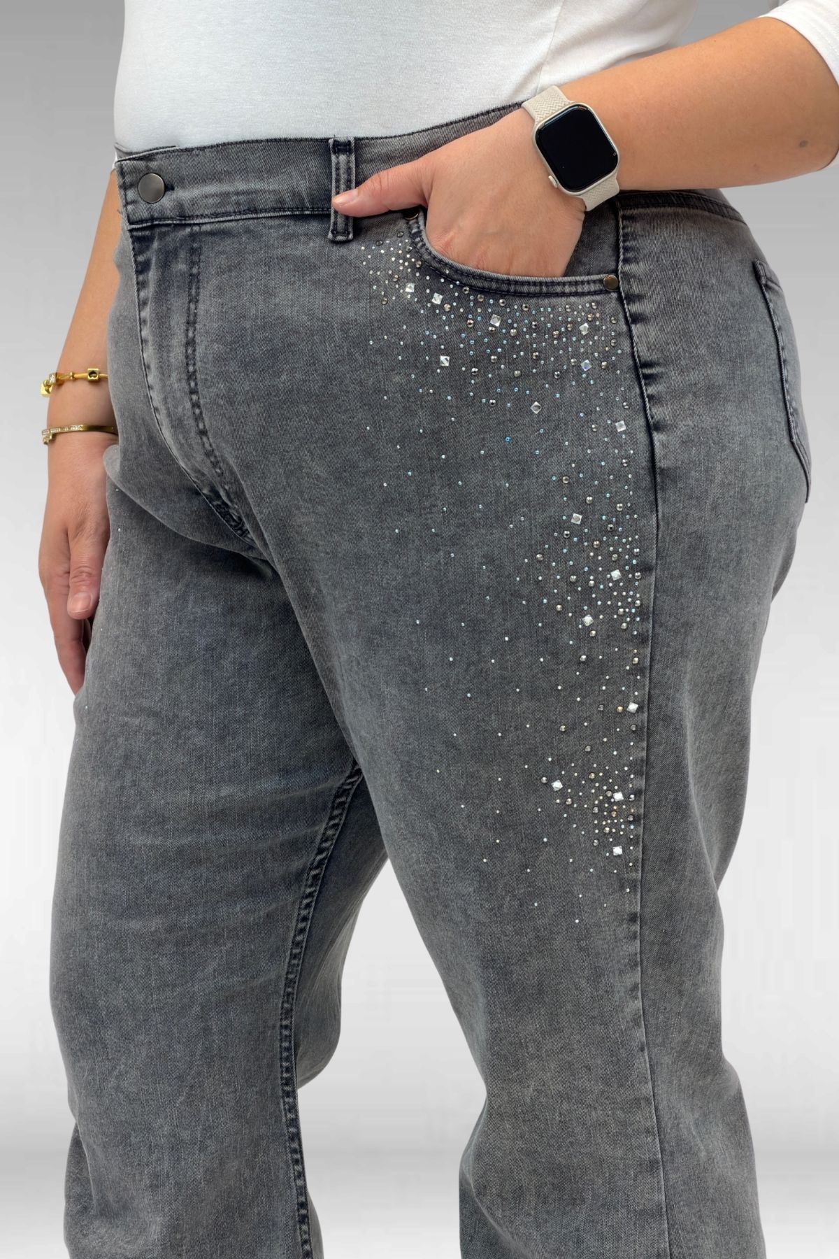 69004 Büyük Beden Yanları Taşlı İspanyol Kot Pantolon - Siyah